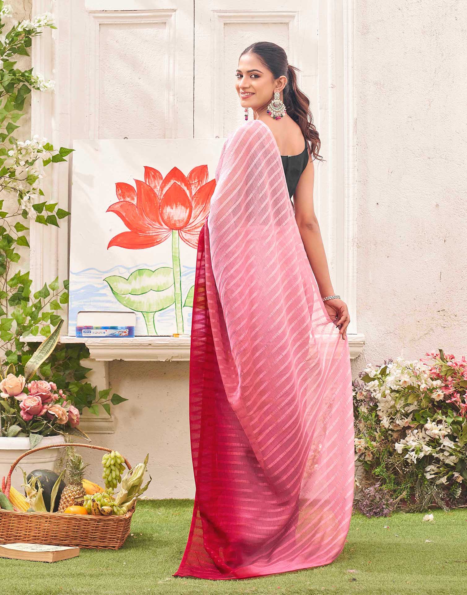 Ready To Wear Light Pink Chiffon Ombre Zari Stripe Saree  - Image 7