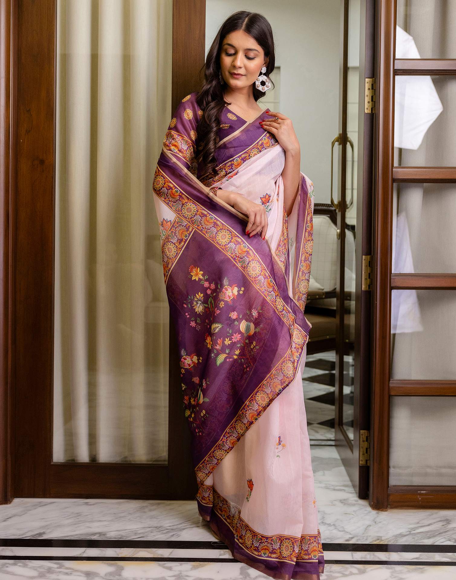 Ready To Wear Light Pink Linen Printed Saree - Image 6