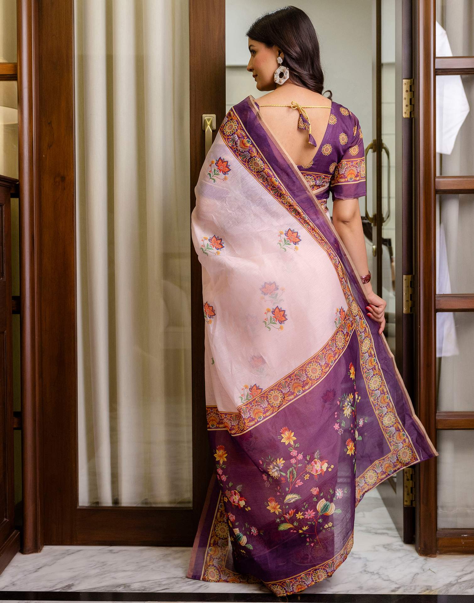 Ready To Wear Light Pink Linen Printed Saree - Image 8