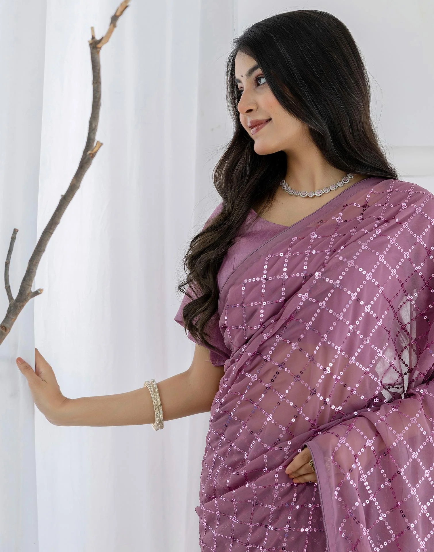 Ready To Wear Light Purple Georgette Sequence Work Saree - Image 4