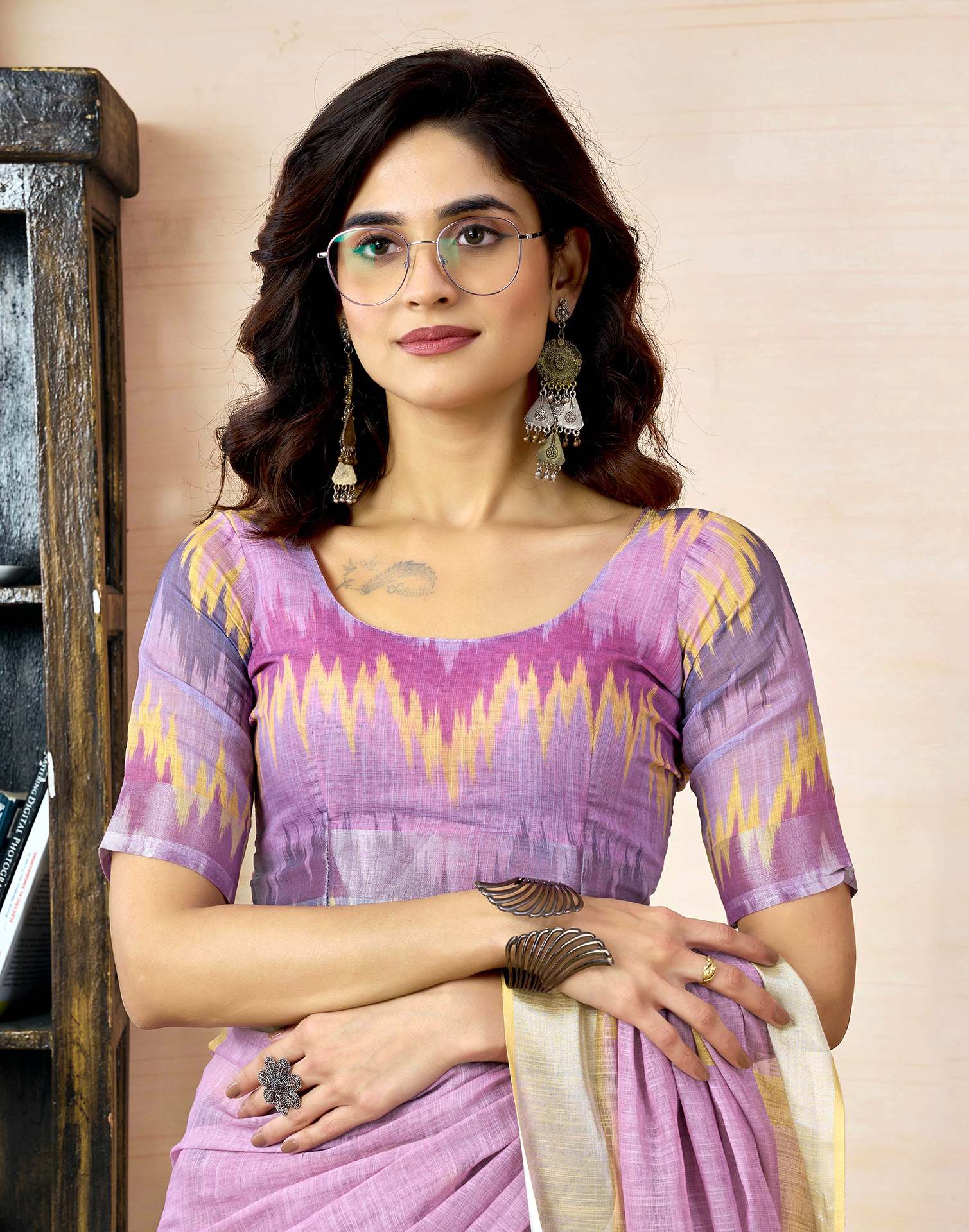 Ready To Wear Light Purple Linen Printed Saree With Pocket - Image 12