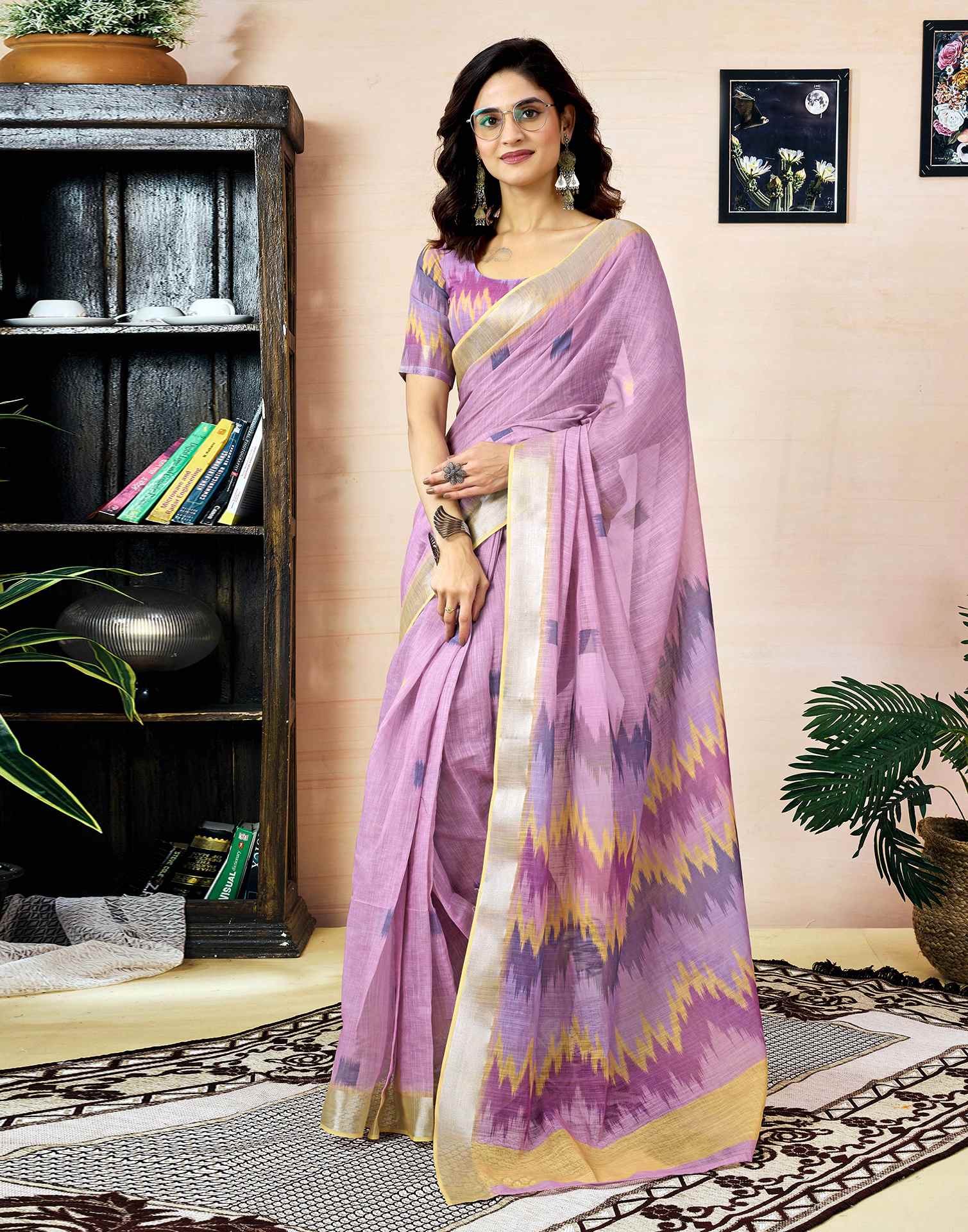 Ready To Wear Light Purple Linen Printed Saree With Pocket - Image 2