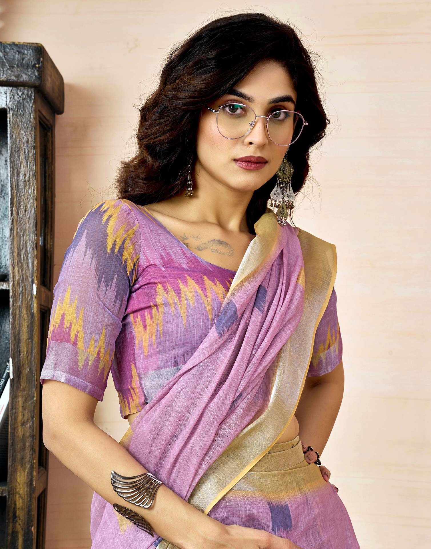 Ready To Wear Light Purple Linen Printed Saree With Pocket - Image 5