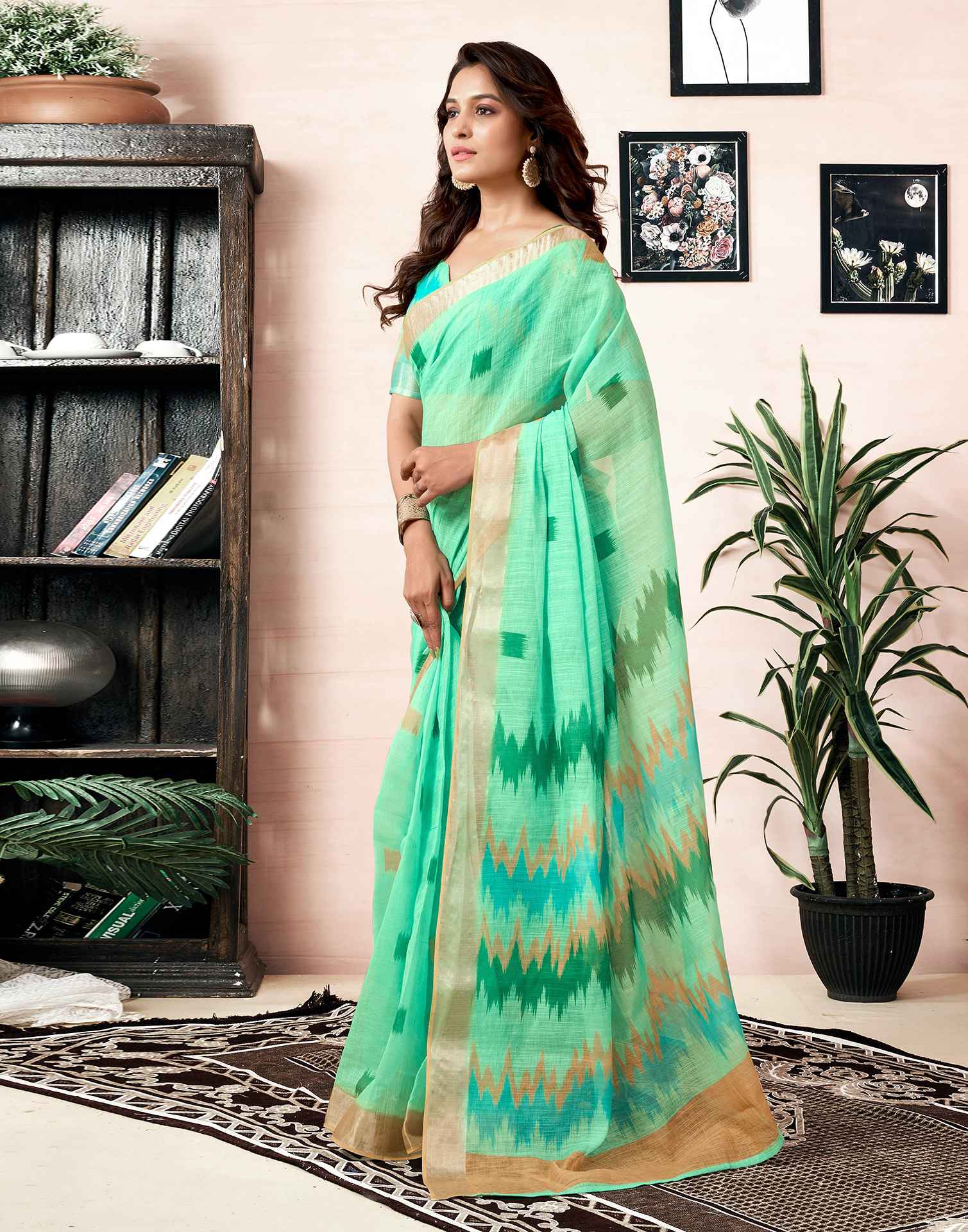 Ready To Wear Light Teal Green Linen Printed Saree With Pocket - Image 11