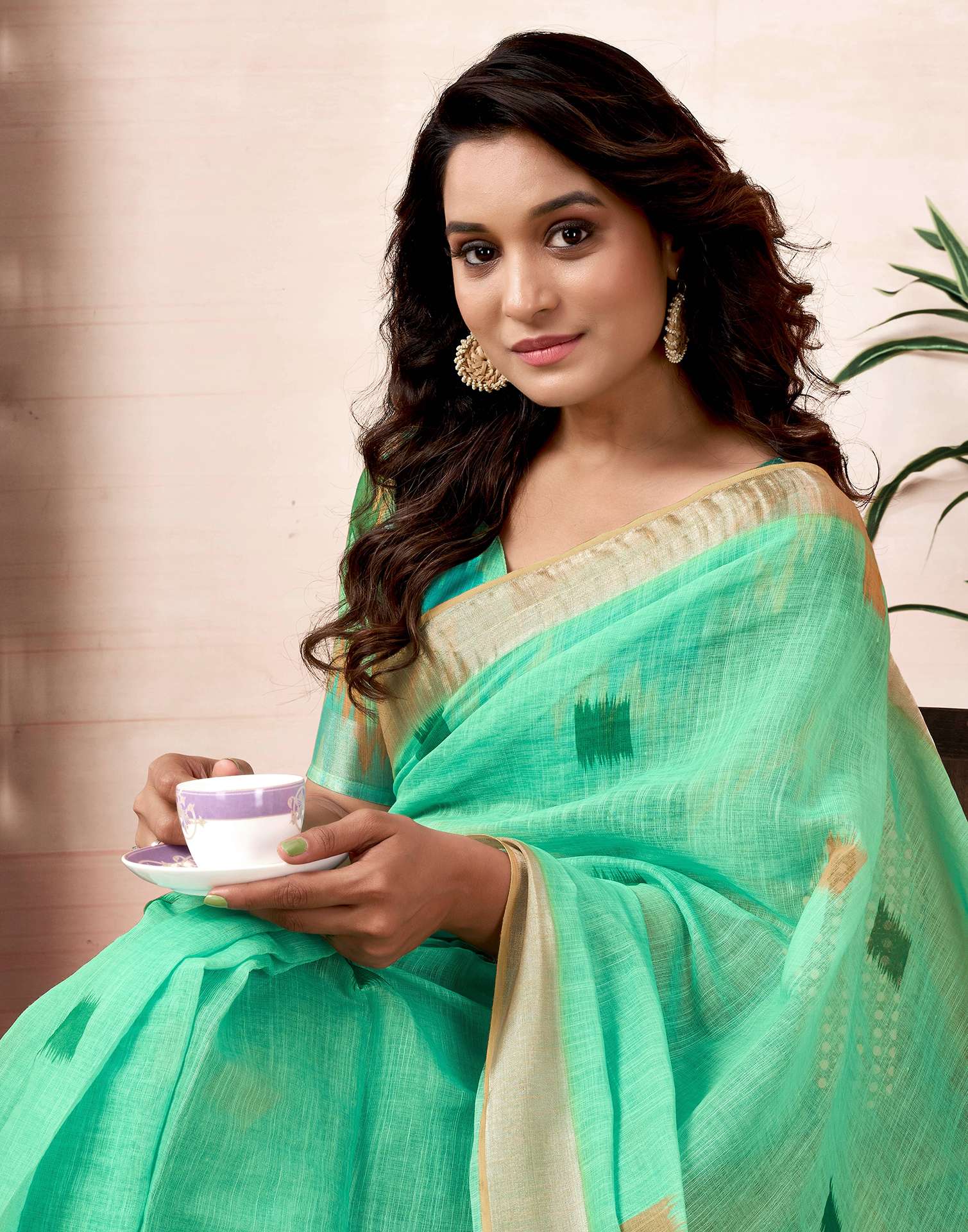 Ready To Wear Light Teal Green Linen Printed Saree With Pocket - Image 7