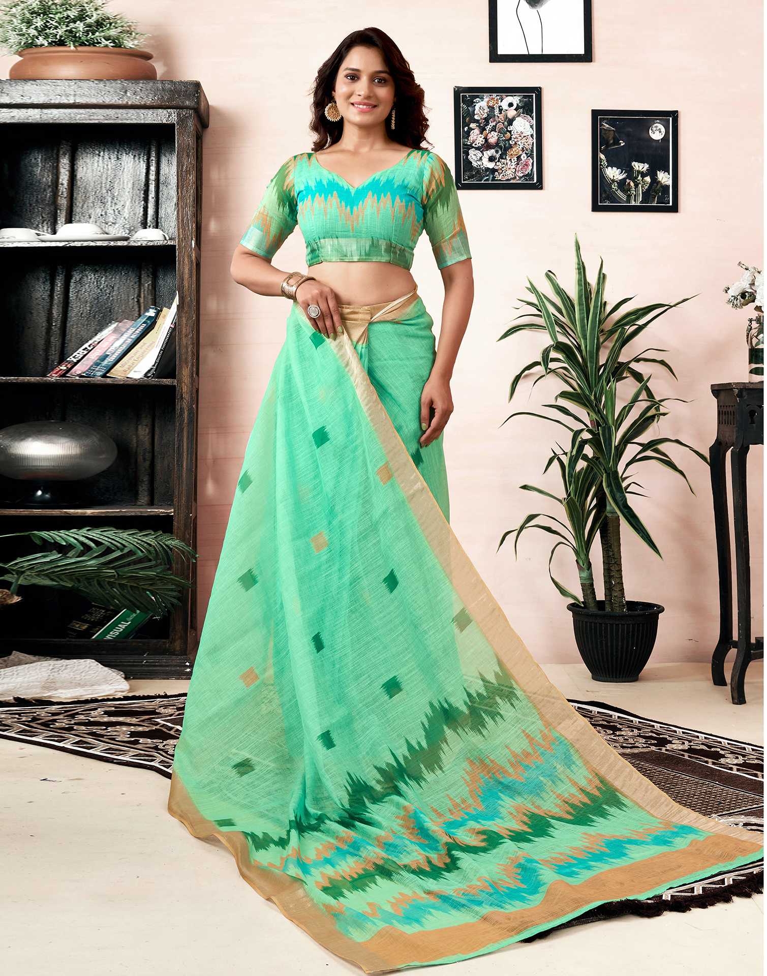 Ready To Wear Light Teal Green Linen Printed Saree With Pocket - Image 8