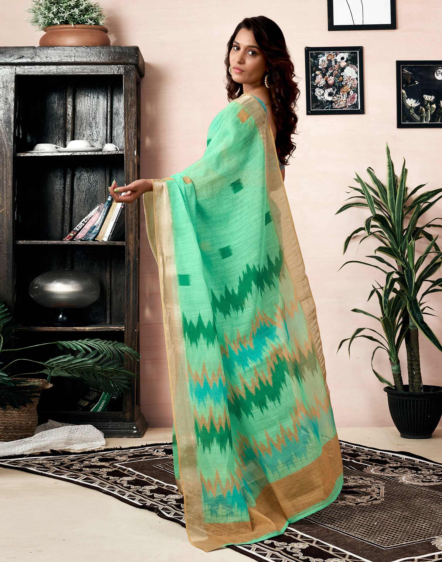 Ready To Wear Light Teal Green Linen Printed Saree With Pocket - Image 9