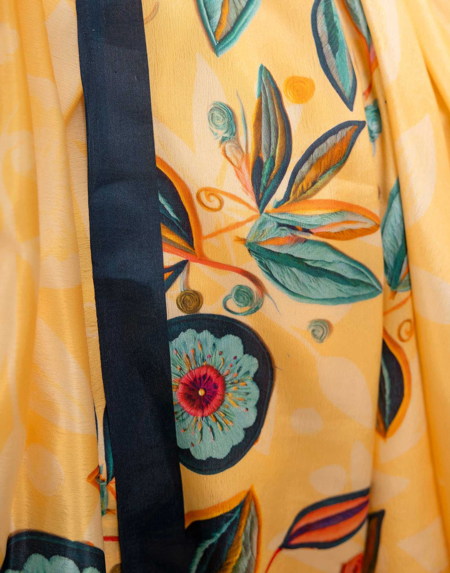 Ready To Wear Light Yellow Chinnon Printed Saree - Image 10