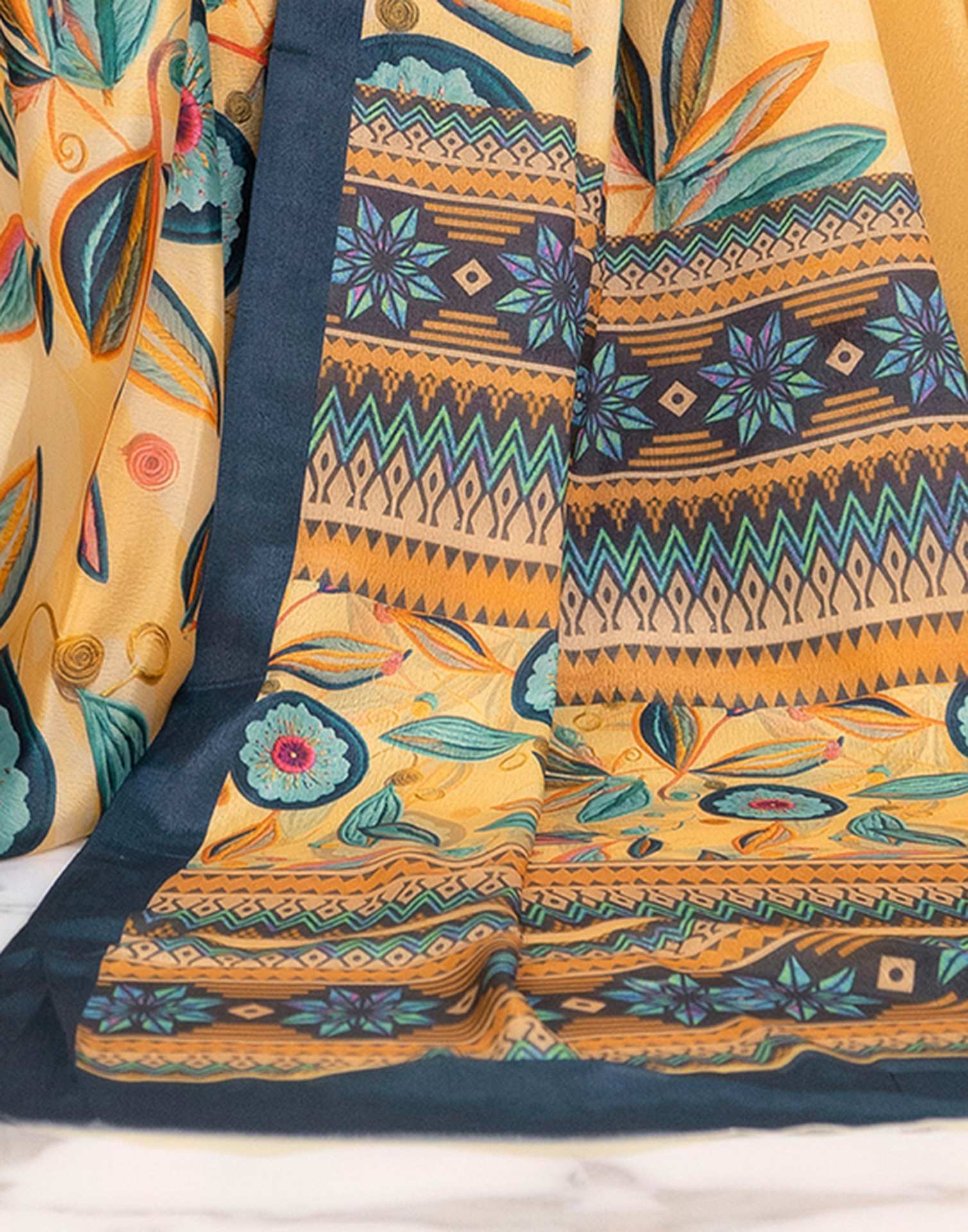 Ready To Wear Light Yellow Chinnon Printed Saree - Image 11