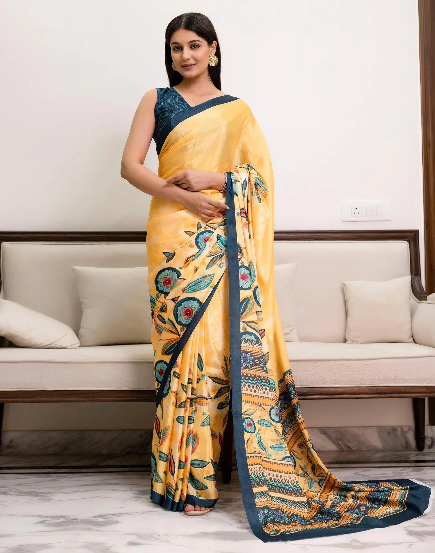 Ready To Wear Light Yellow Chinnon Printed Saree - Image 2