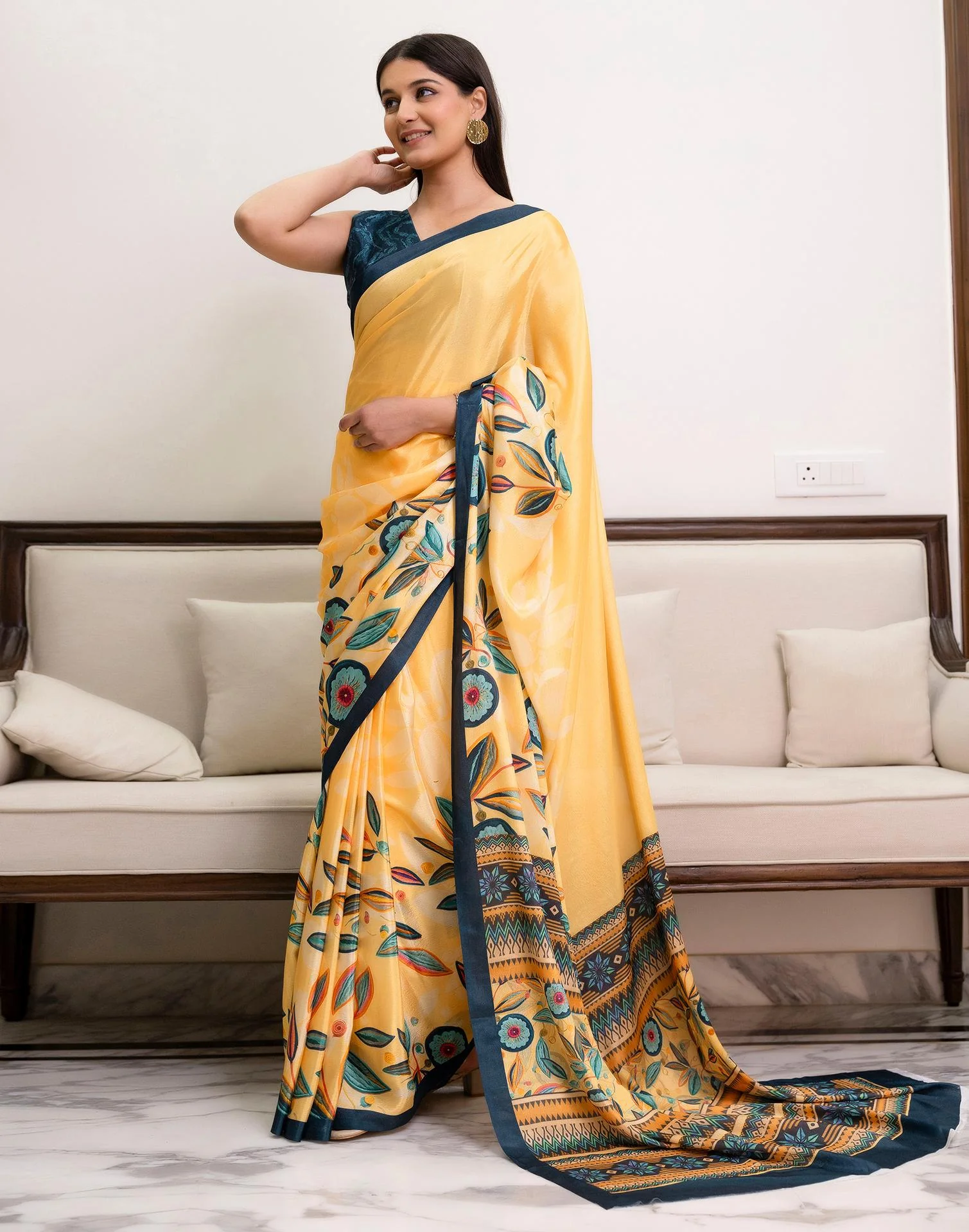 Ready To Wear Light Yellow Chinnon Printed Saree - Image 5