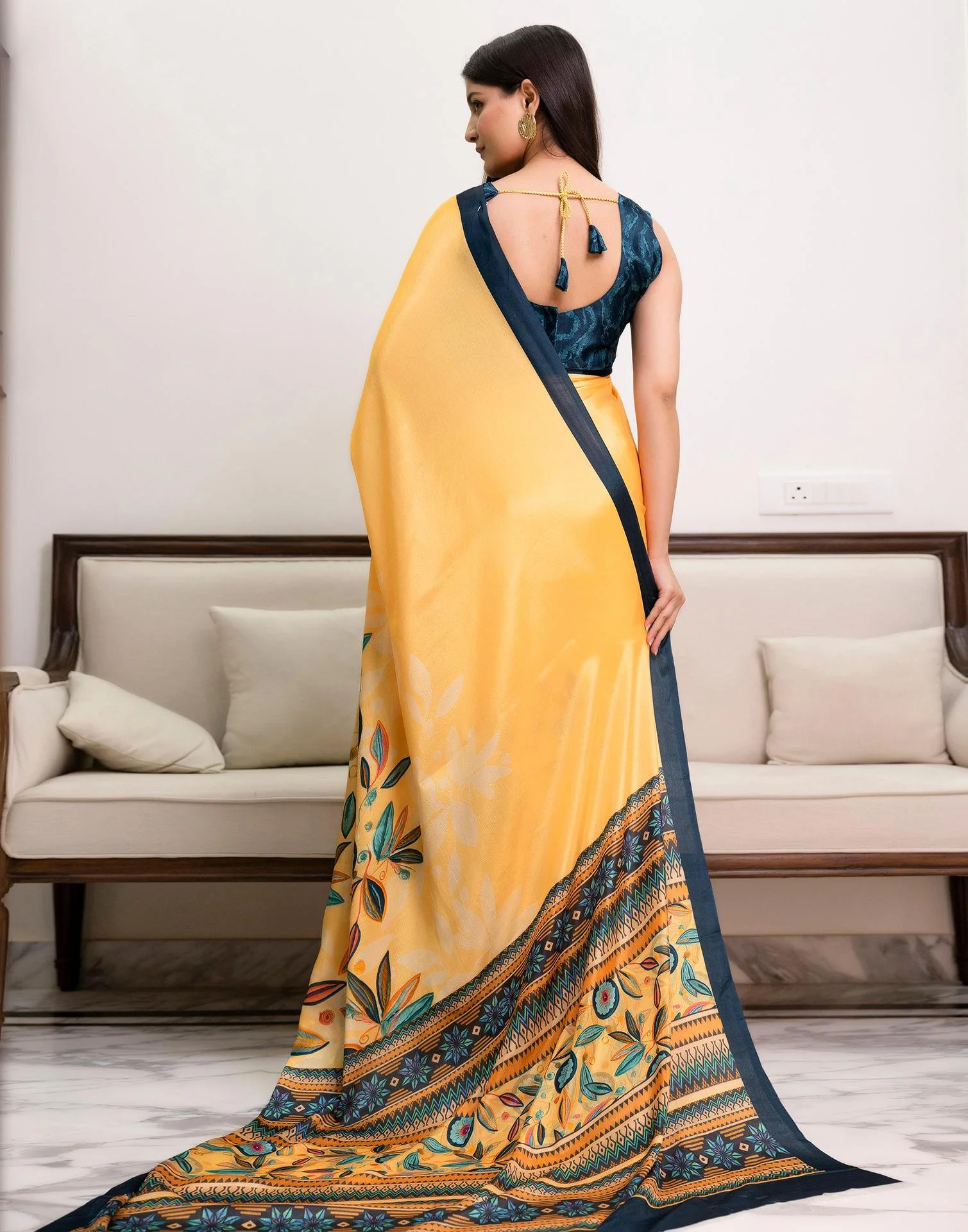 Ready To Wear Light Yellow Chinnon Printed Saree - Image 7