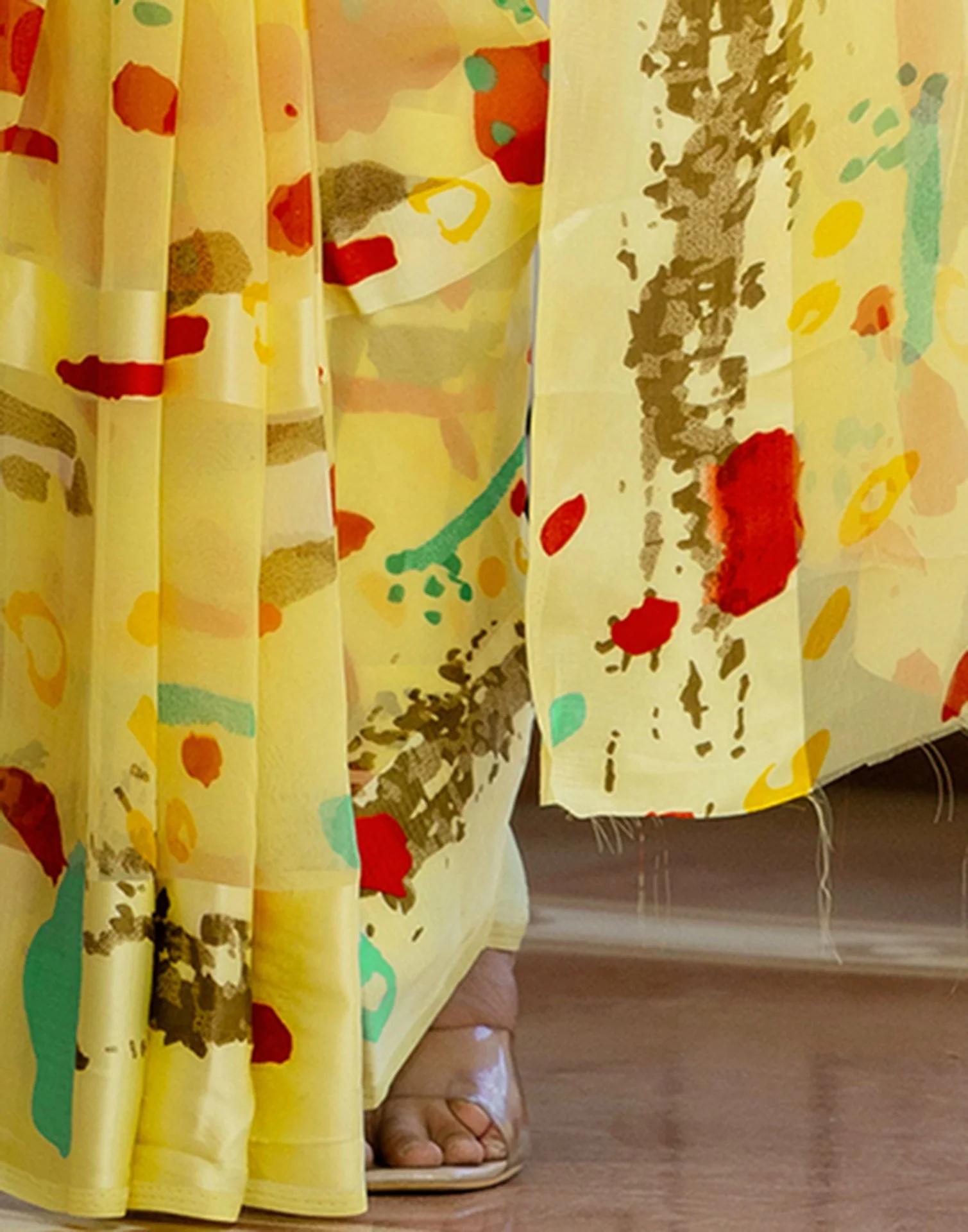 Ready To Wear Light Yellow Georgette Printed Saree - Image 11