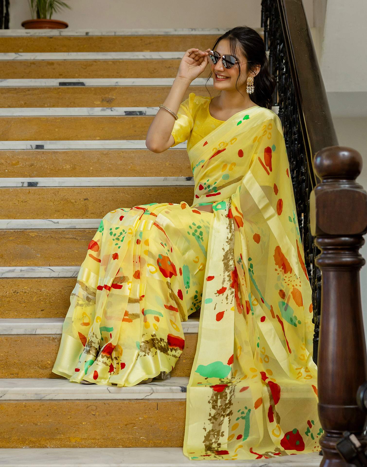Ready To Wear Light Yellow Georgette Printed Saree - Image 6