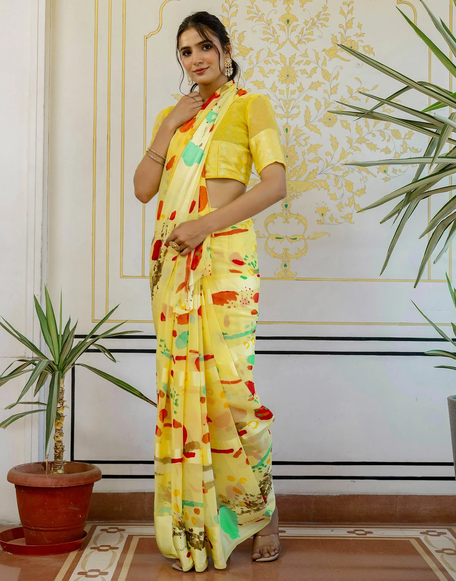 Ready To Wear Light Yellow Georgette Printed Saree - Image 7