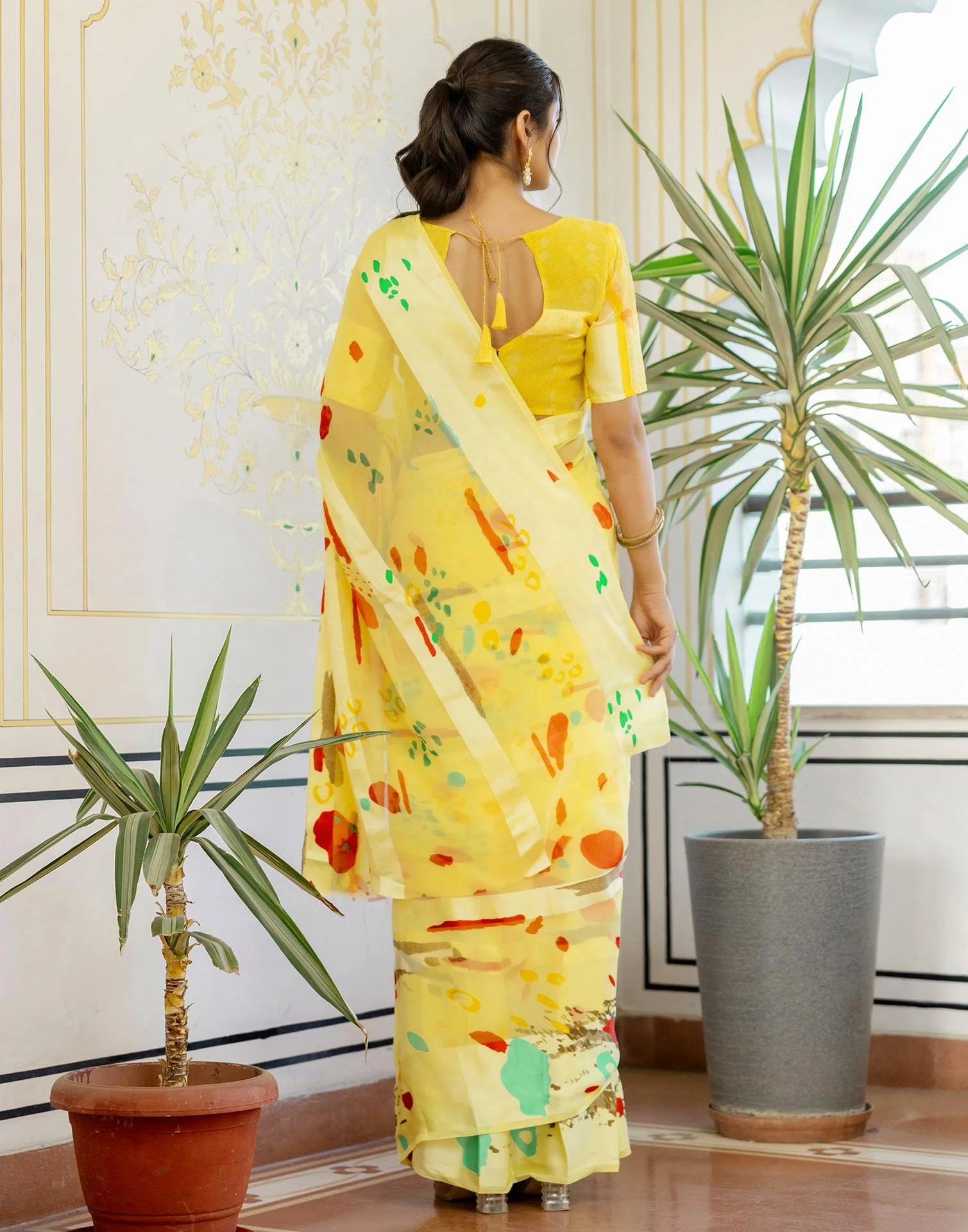 Ready To Wear Light Yellow Georgette Printed Saree - Image 9