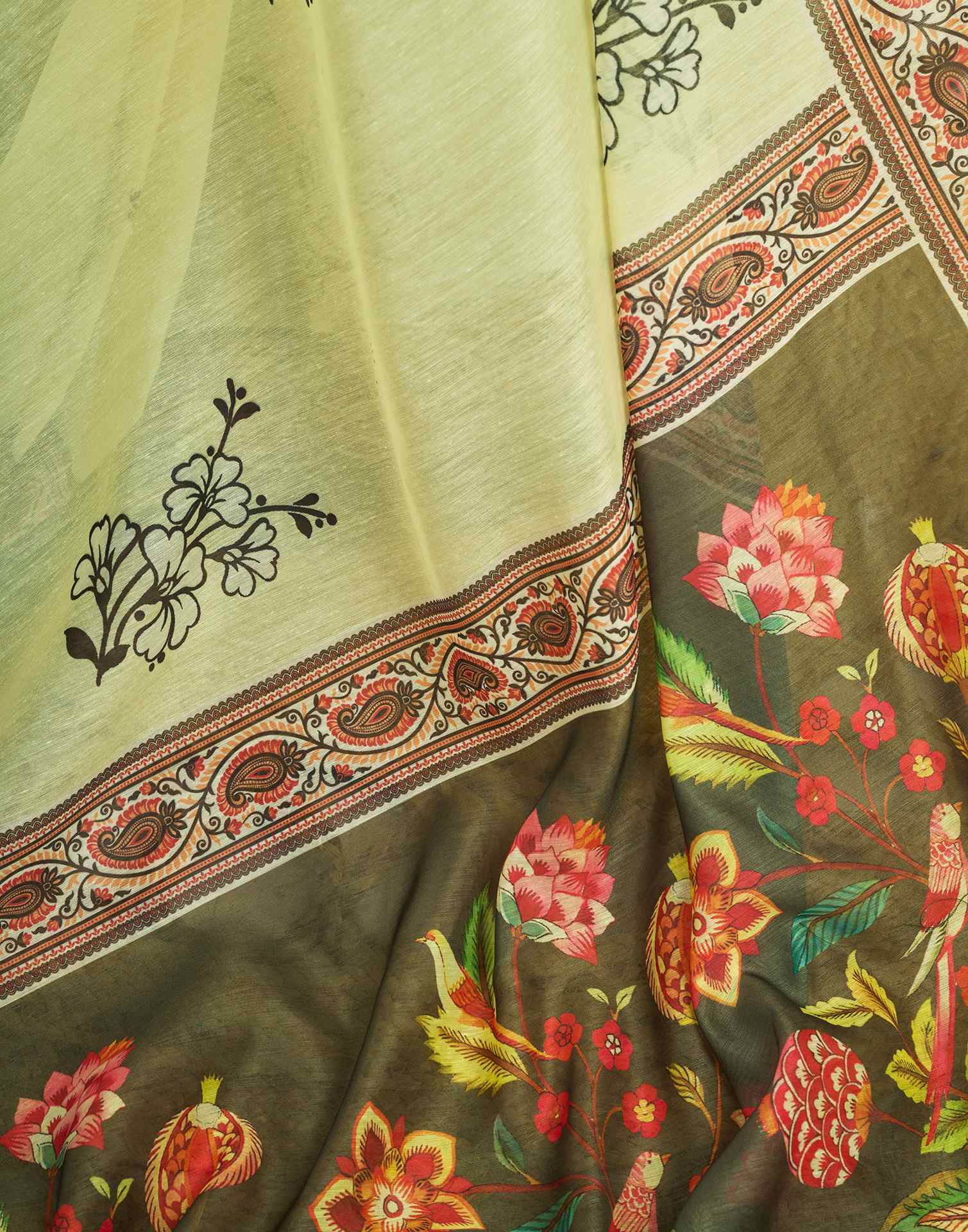 Ready To Wear Light Green Linen Floral Printed Saree - Image 10