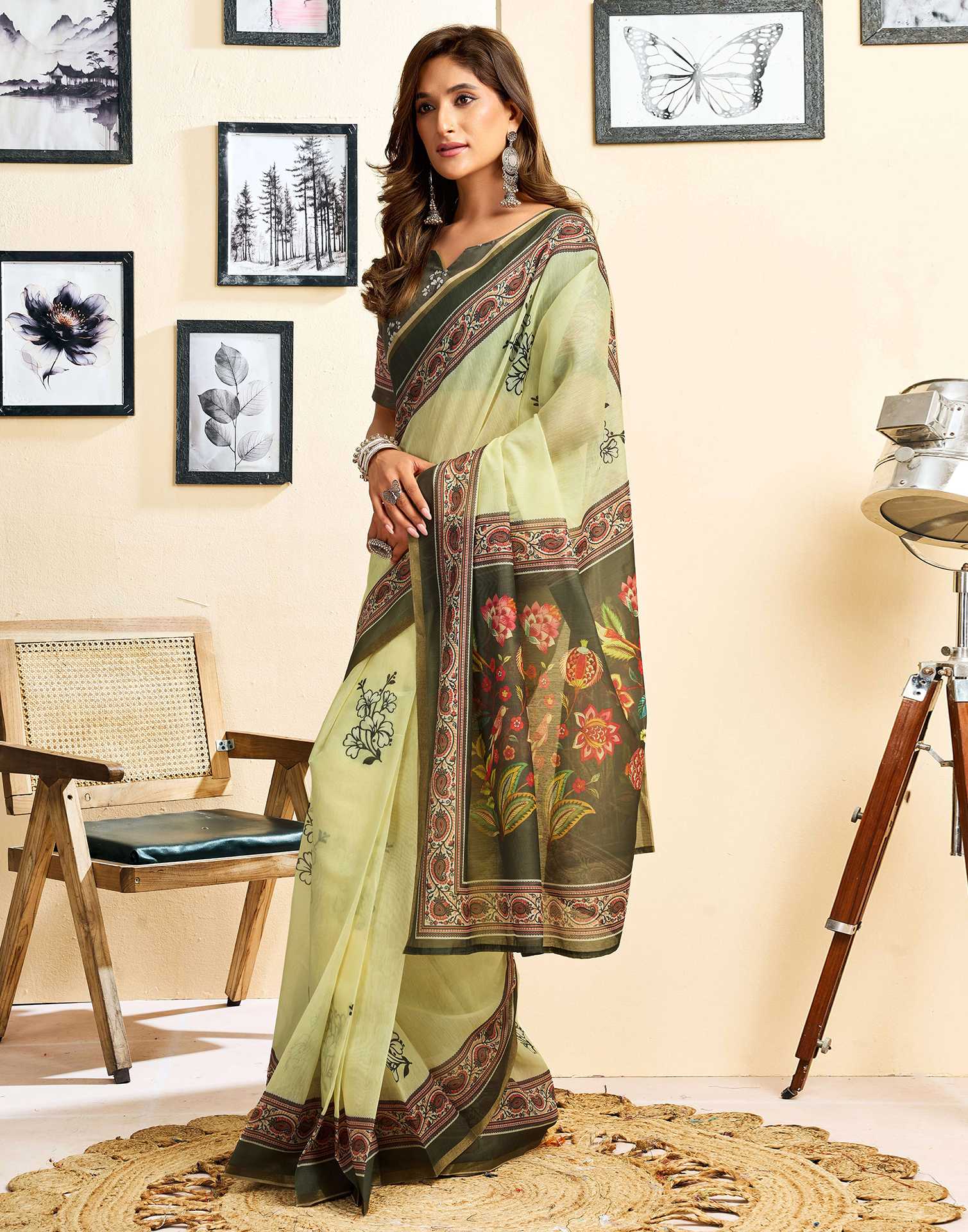 Ready To Wear Light Green Linen Floral Printed Saree - Image 6