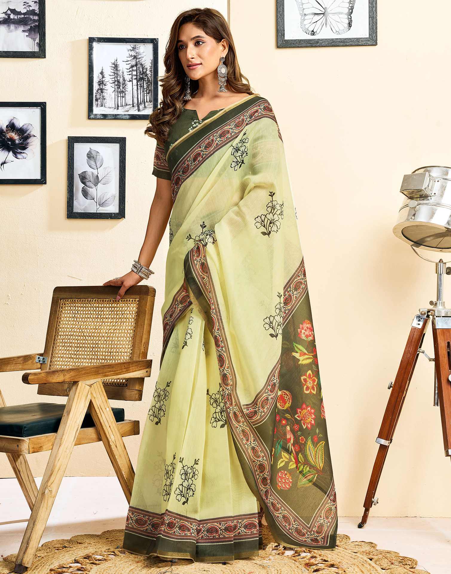 Ready To Wear Light Green Linen Floral Printed Saree - Image 7