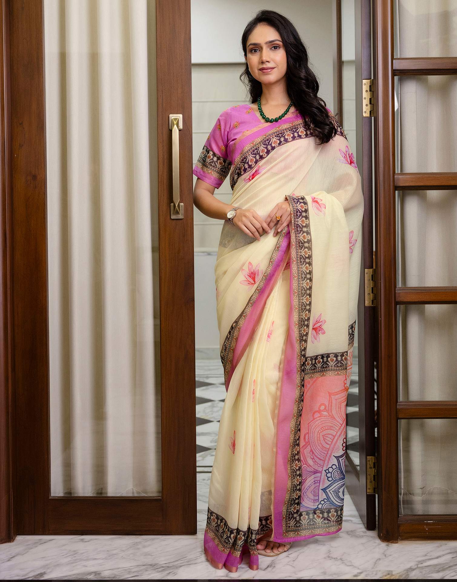 Ready To Wear Light Cream Linen Printed Saree - Image 2