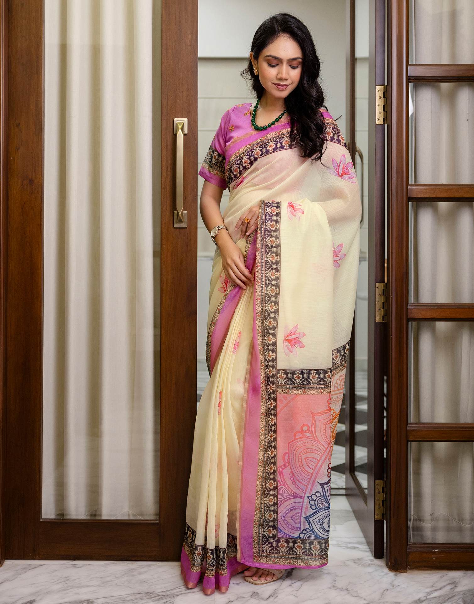 Ready To Wear Light Cream Linen Printed Saree - Image 6