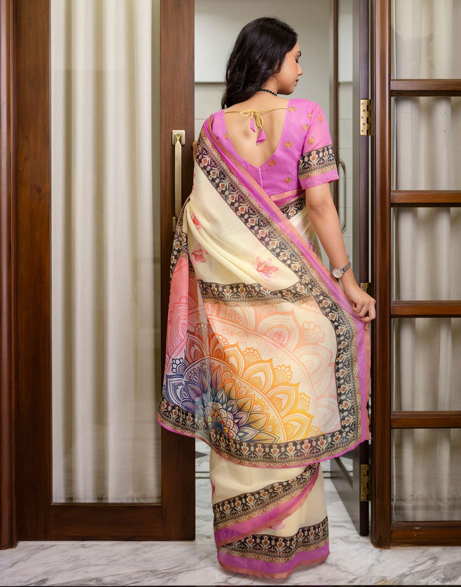 Ready To Wear Light Cream Linen Printed Saree - Image 8