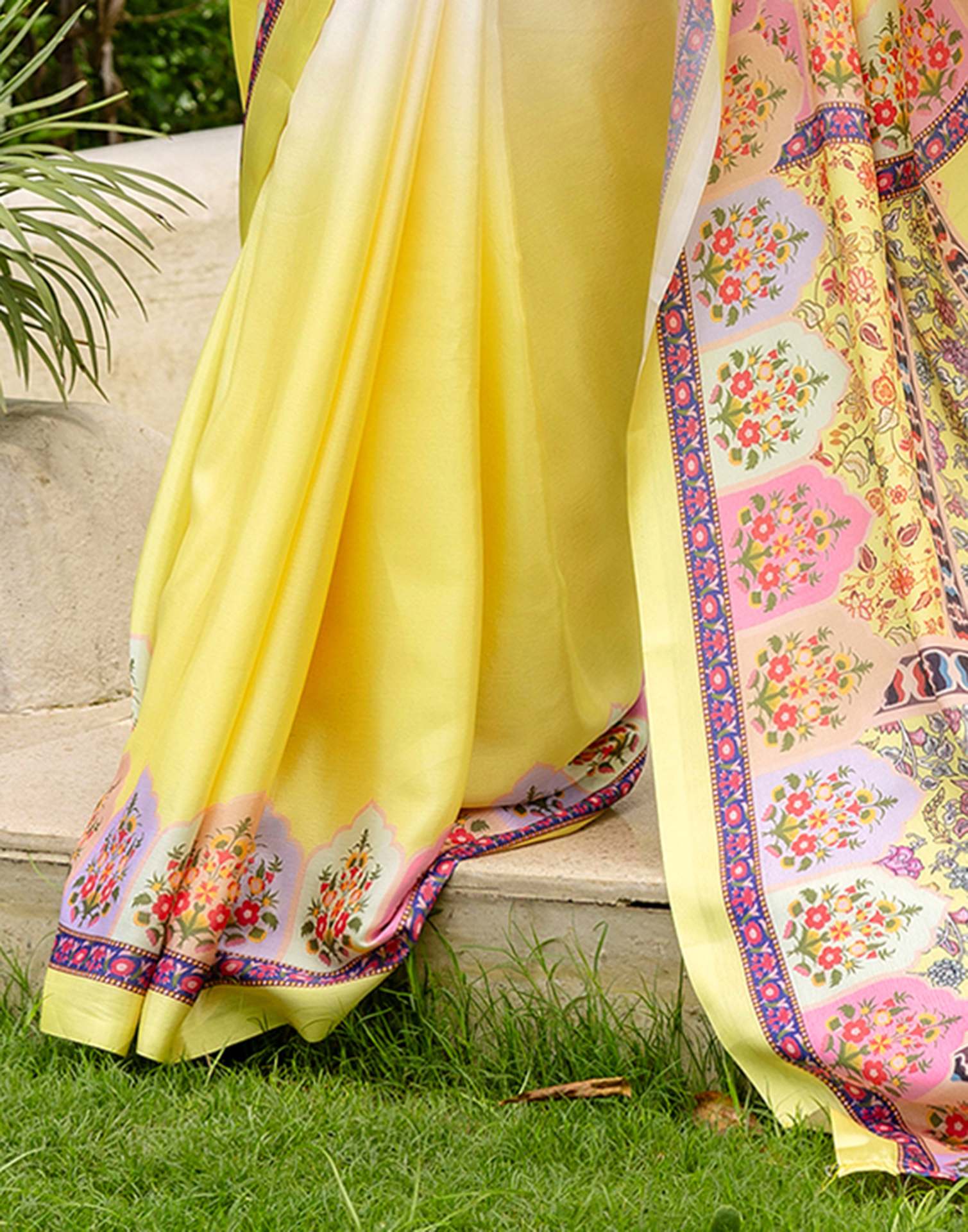 Ready To Wear Light Yellow Silk Printed Saree - Image 10