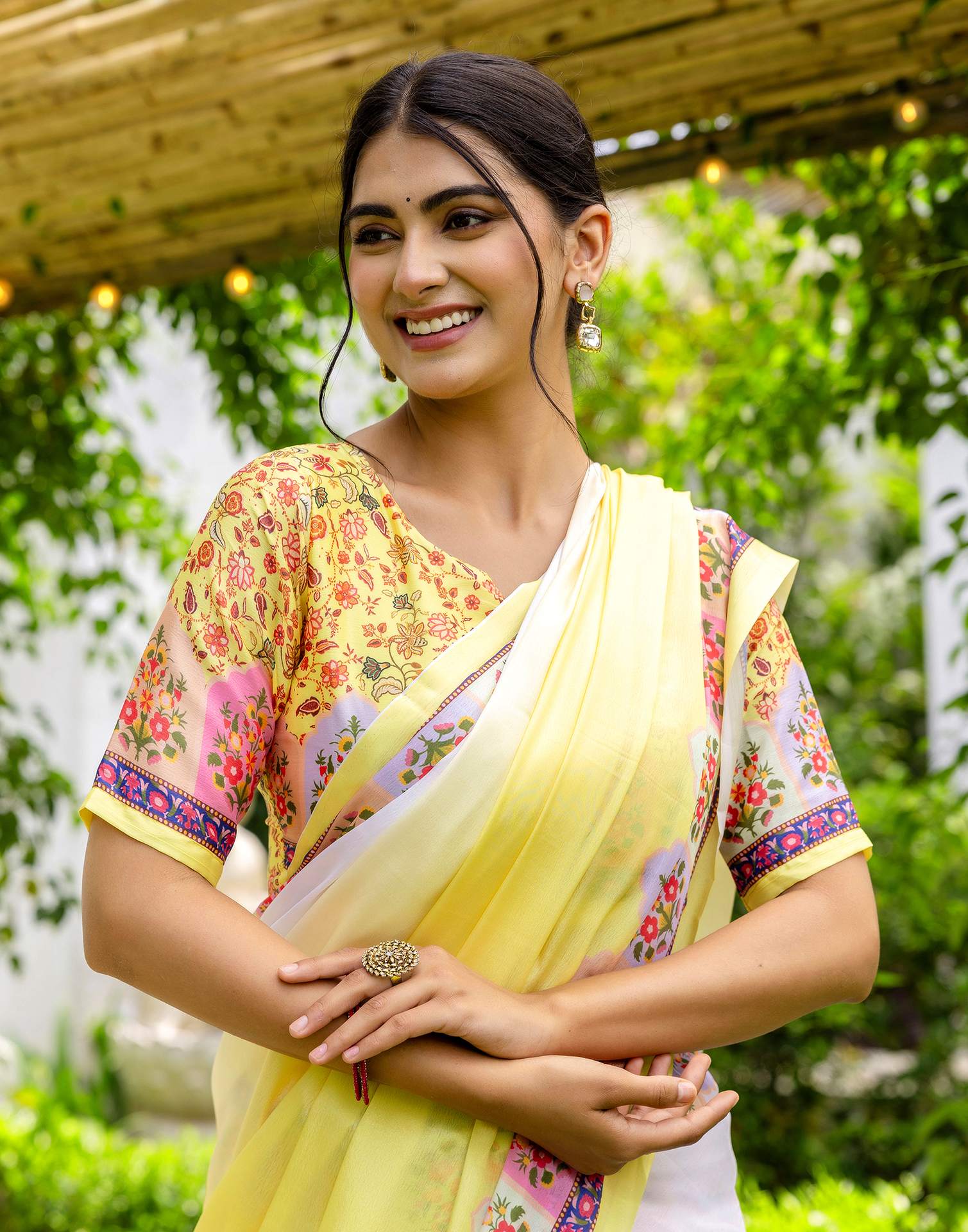 Ready To Wear Light Yellow Silk Printed Saree - Image 4