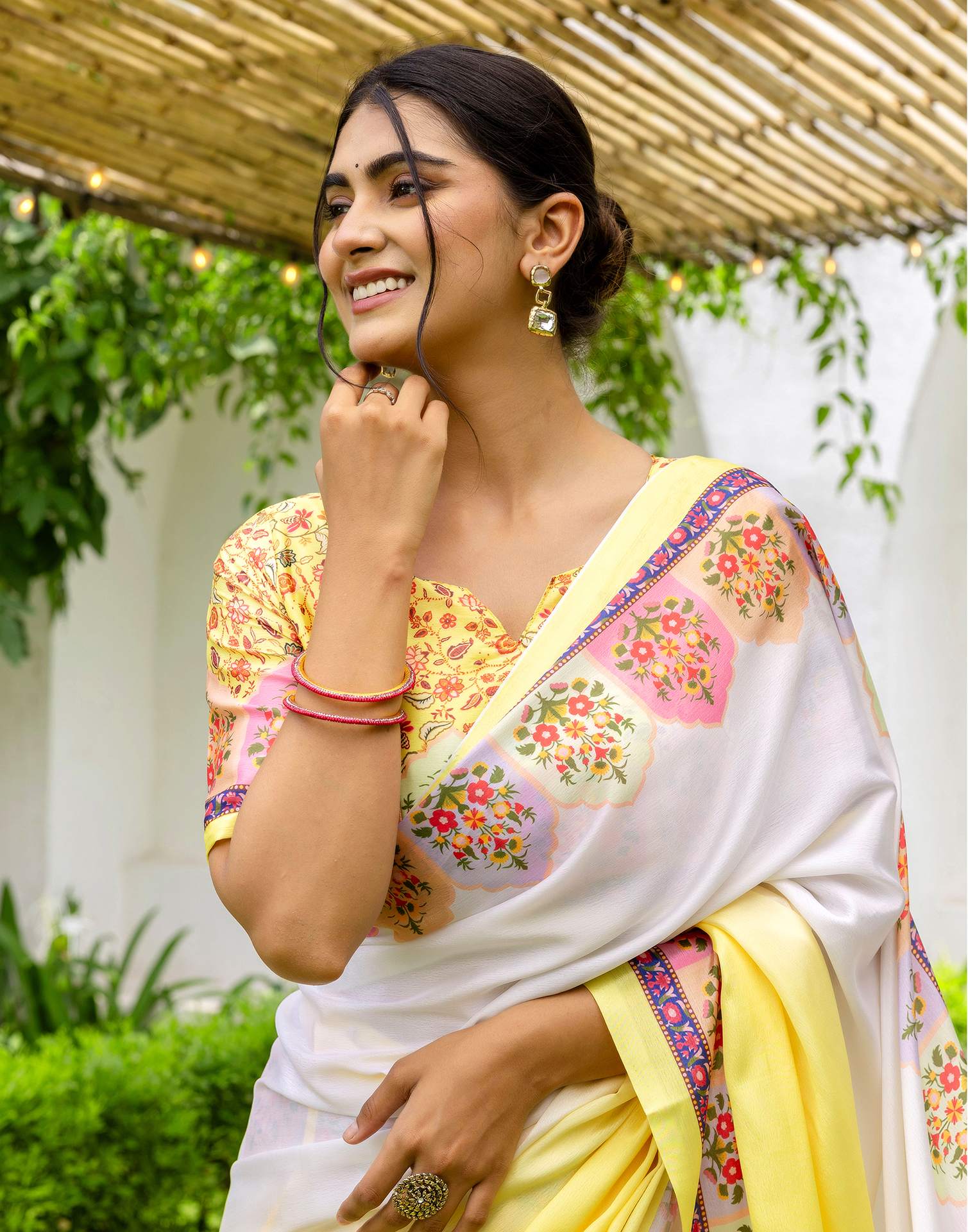 Ready To Wear Light Yellow Silk Printed Saree - Image 5