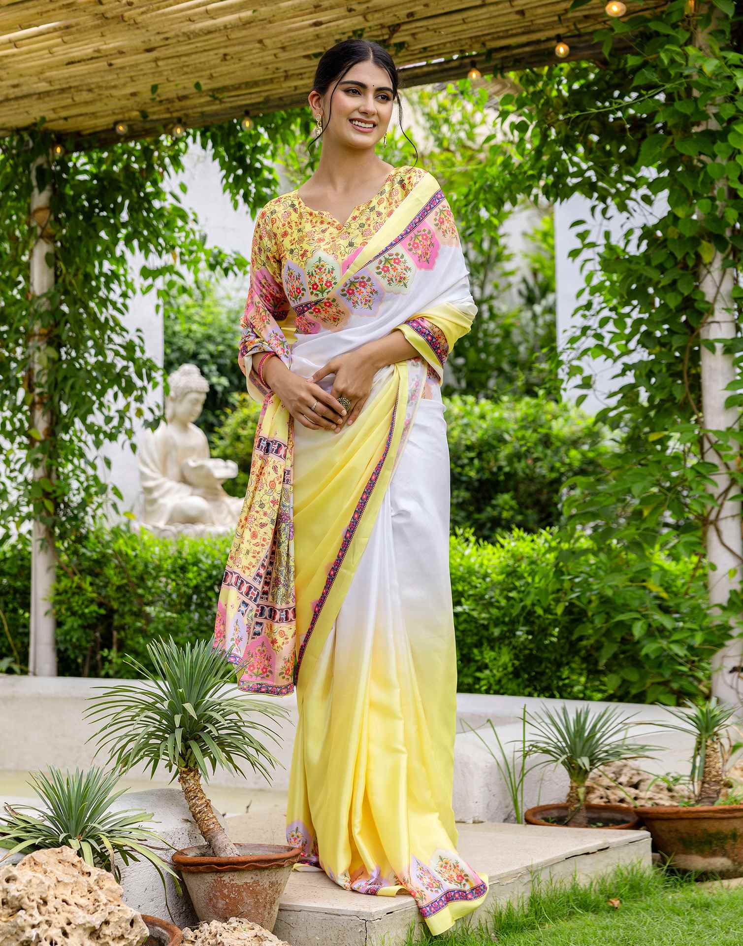 Ready To Wear Light Yellow Silk Printed Saree - Image 6