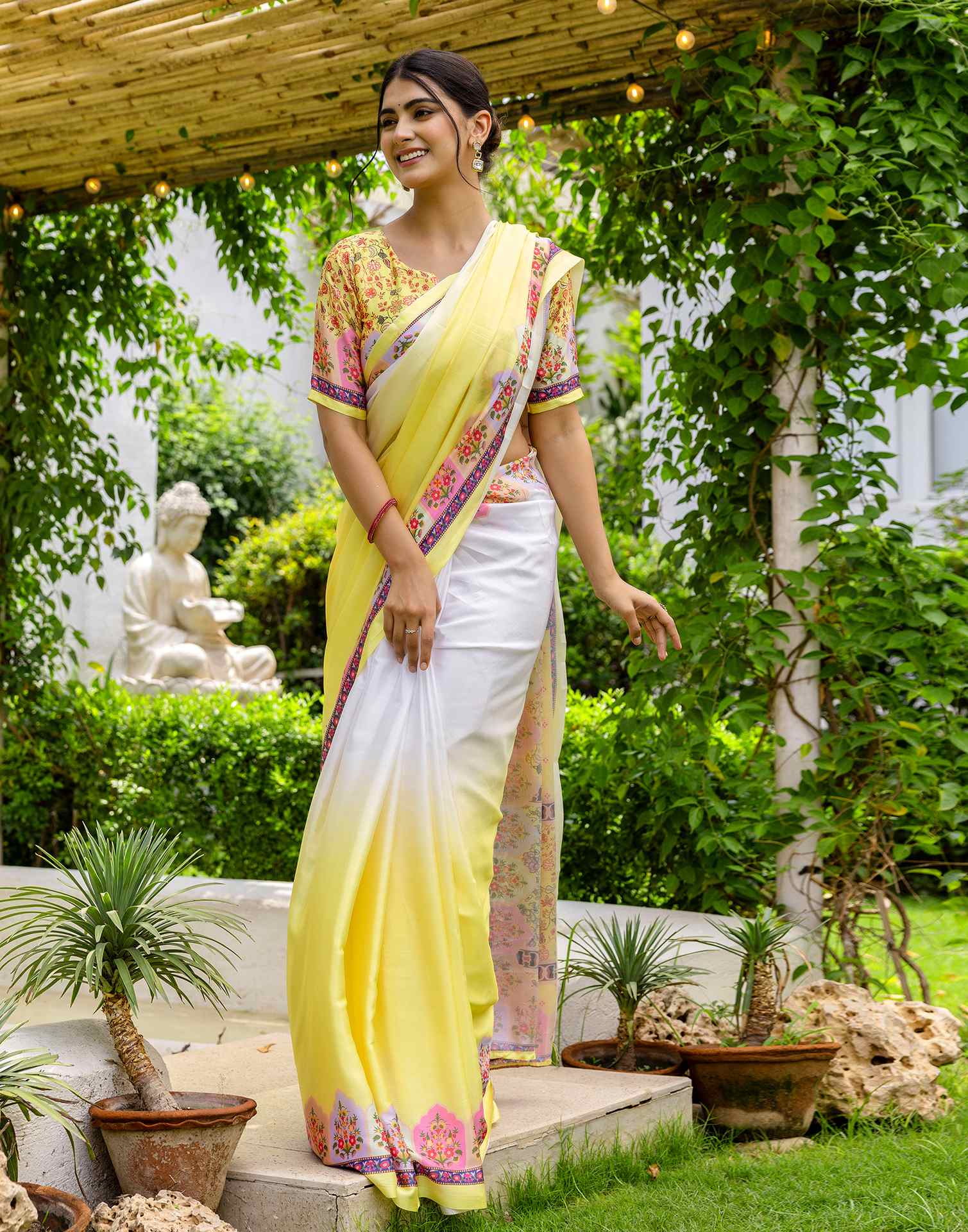 Ready To Wear Light Yellow Silk Printed Saree - Image 7