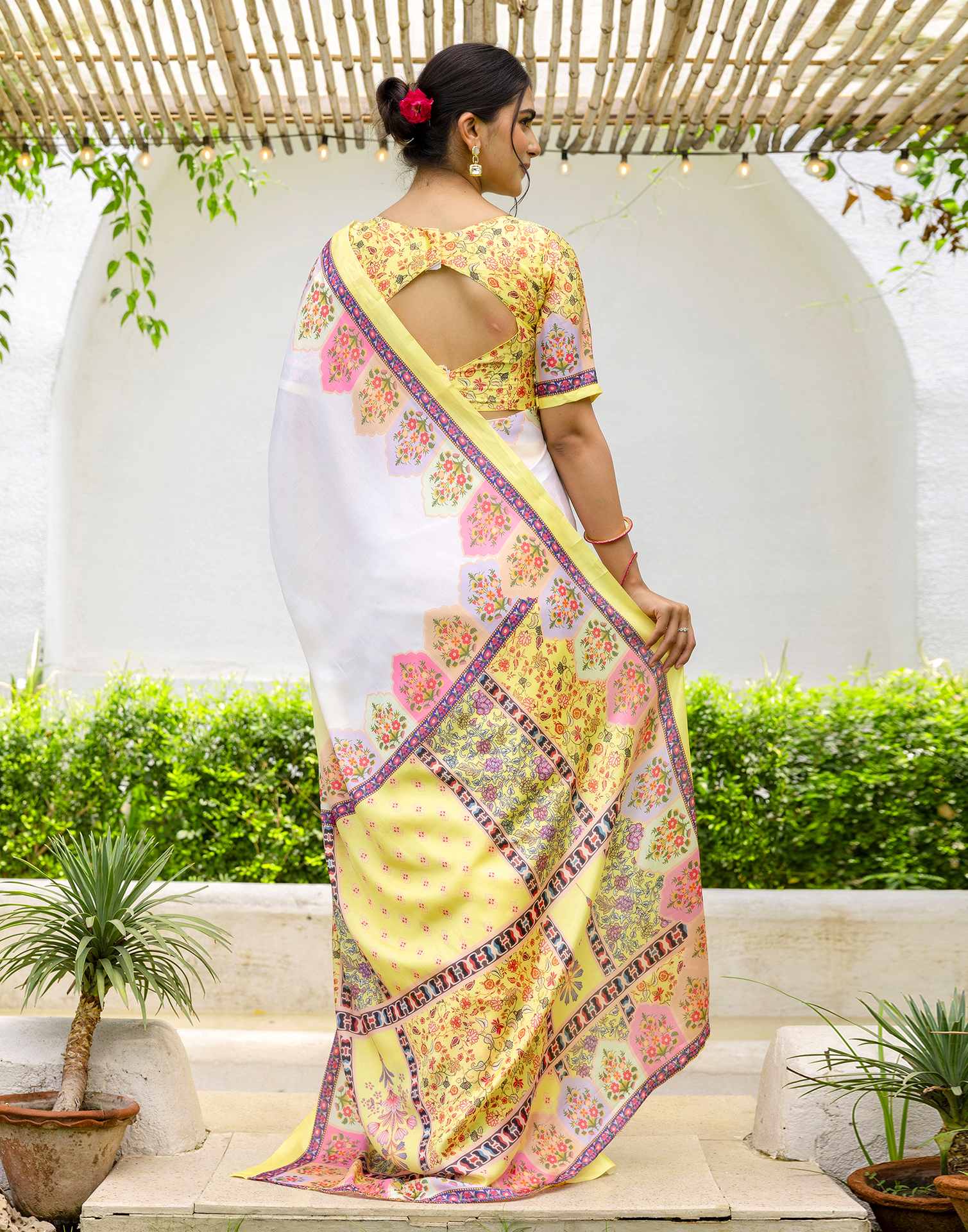 Ready To Wear Light Yellow Silk Printed Saree - Image 8