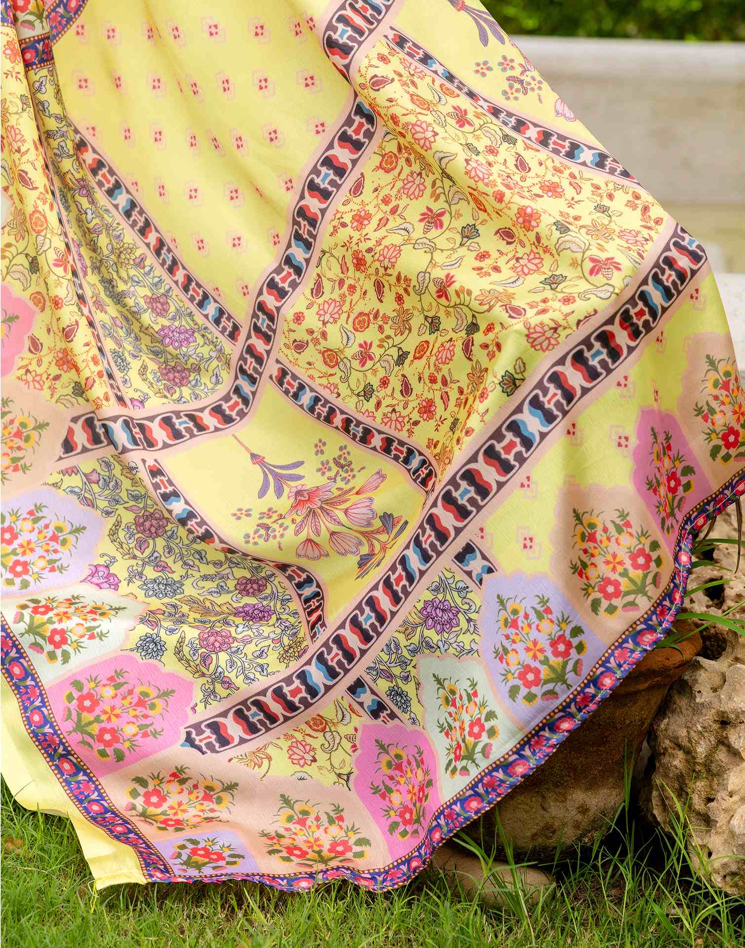 Ready To Wear Light Yellow Silk Printed Saree - Image 9