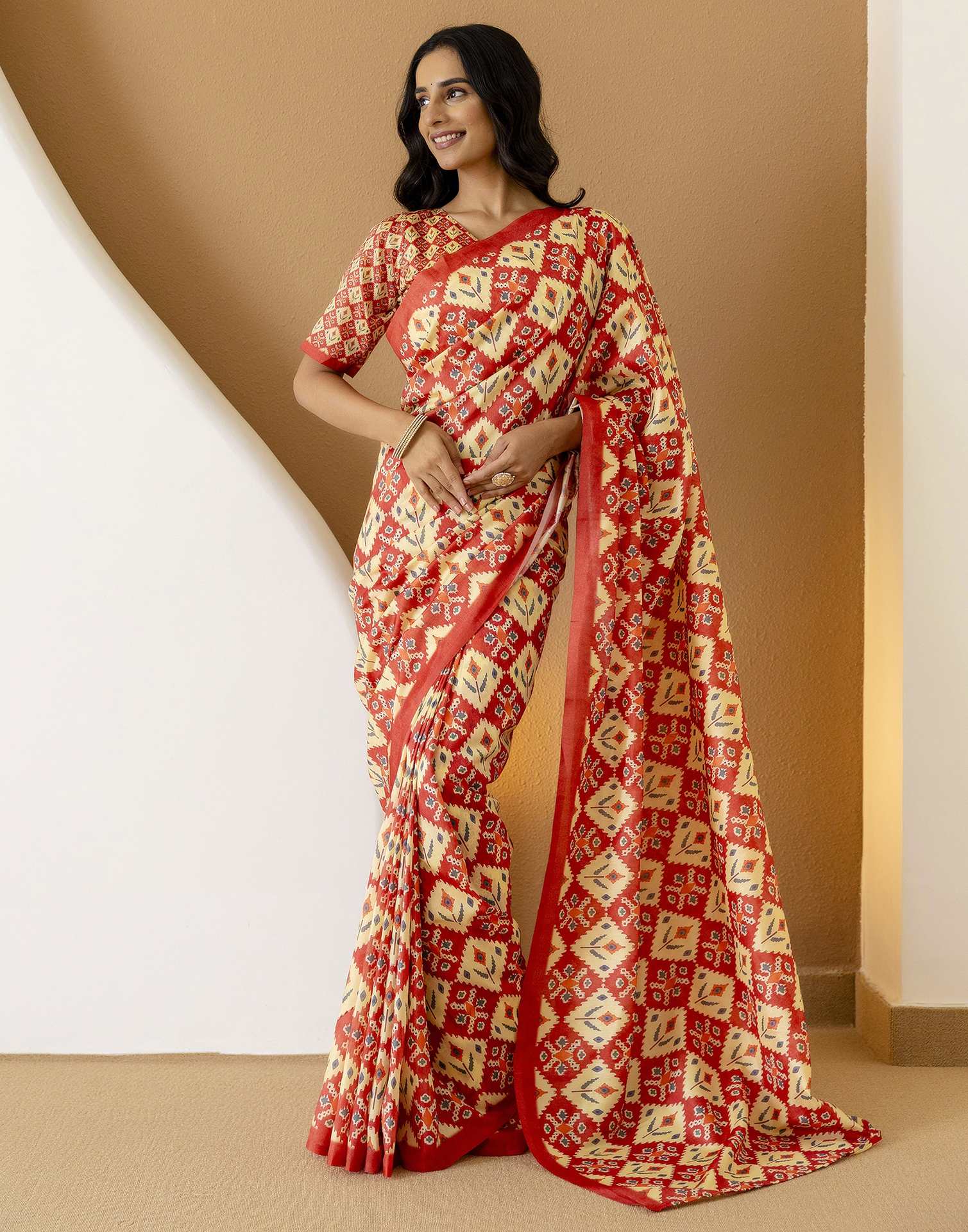 Ready To Wear Multicoloured Silk Printed Saree - Image 9