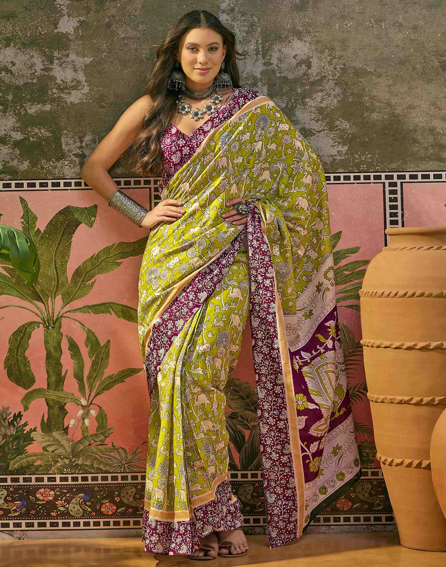 Ready To Wear Lime Green Cotton Printed Saree - Image 5
