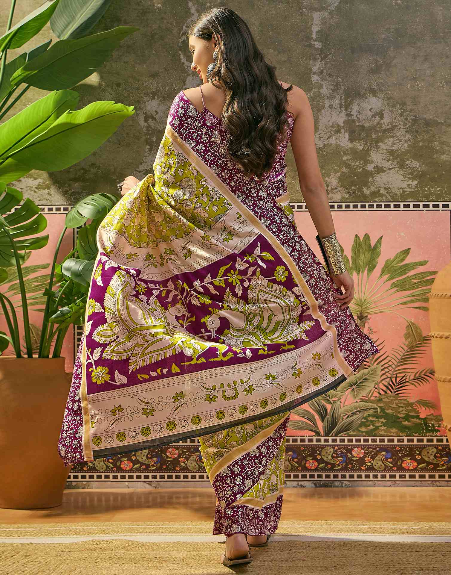Ready To Wear Lime Green Cotton Printed Saree - Image 6