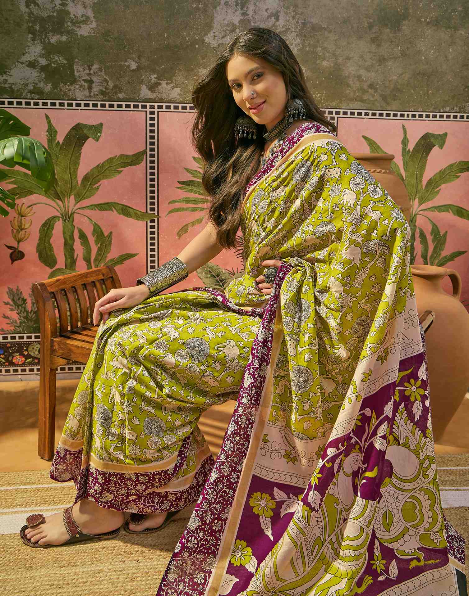 Ready To Wear Lime Green Cotton Printed Saree - Image 7