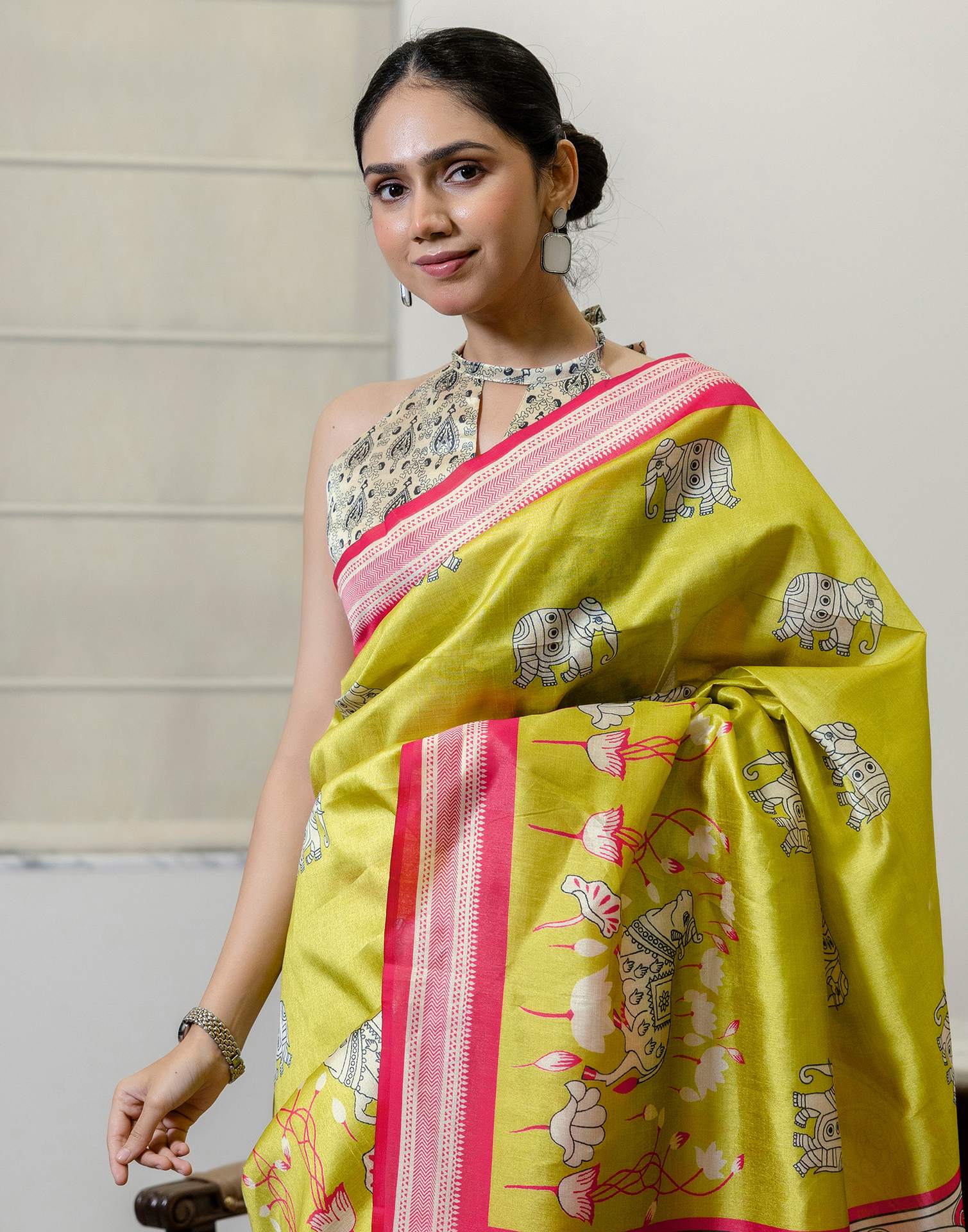 Ready To Wear Lime Green Silk Printed Saree - Image 10