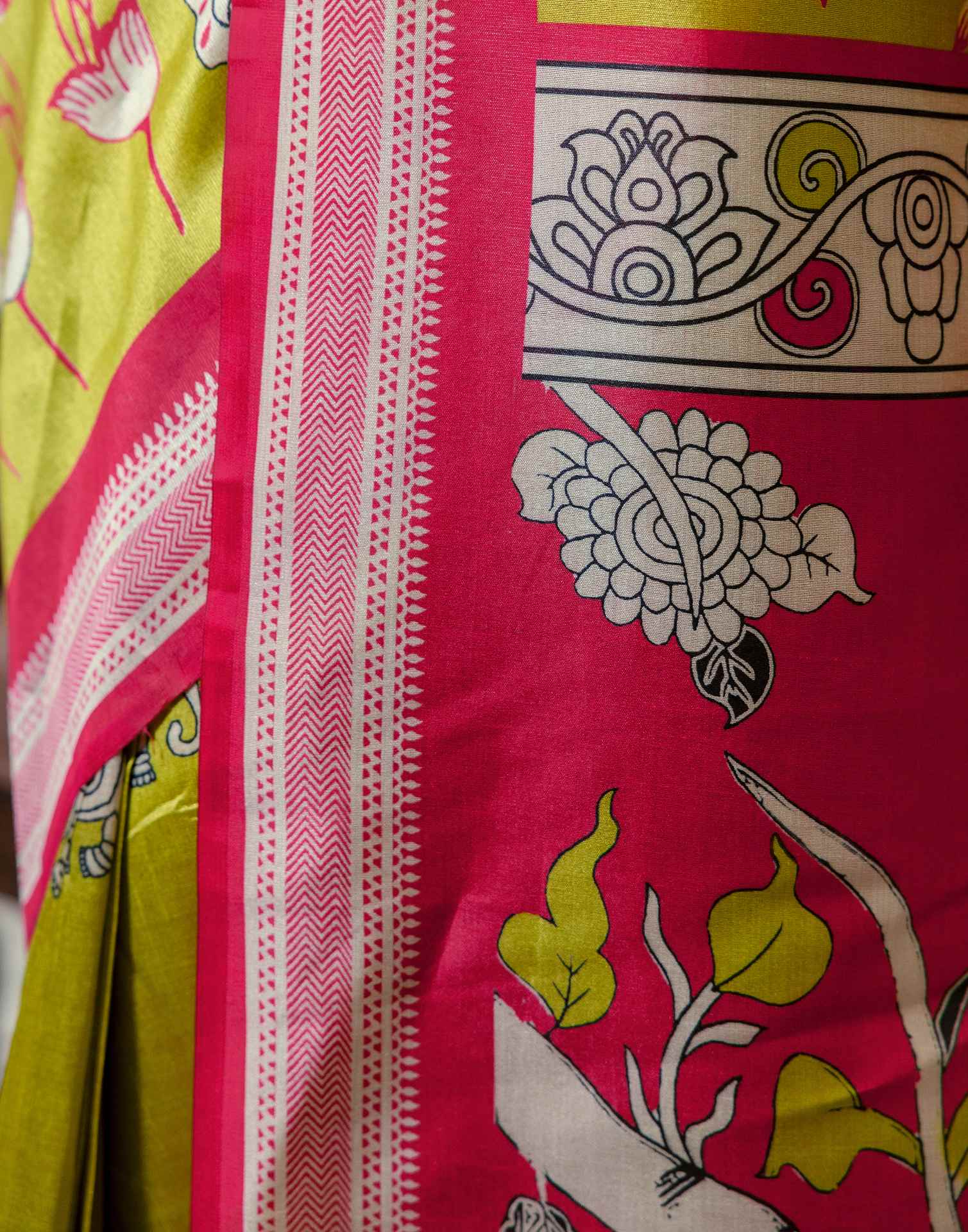Ready To Wear Lime Green Silk Printed Saree - Image 11