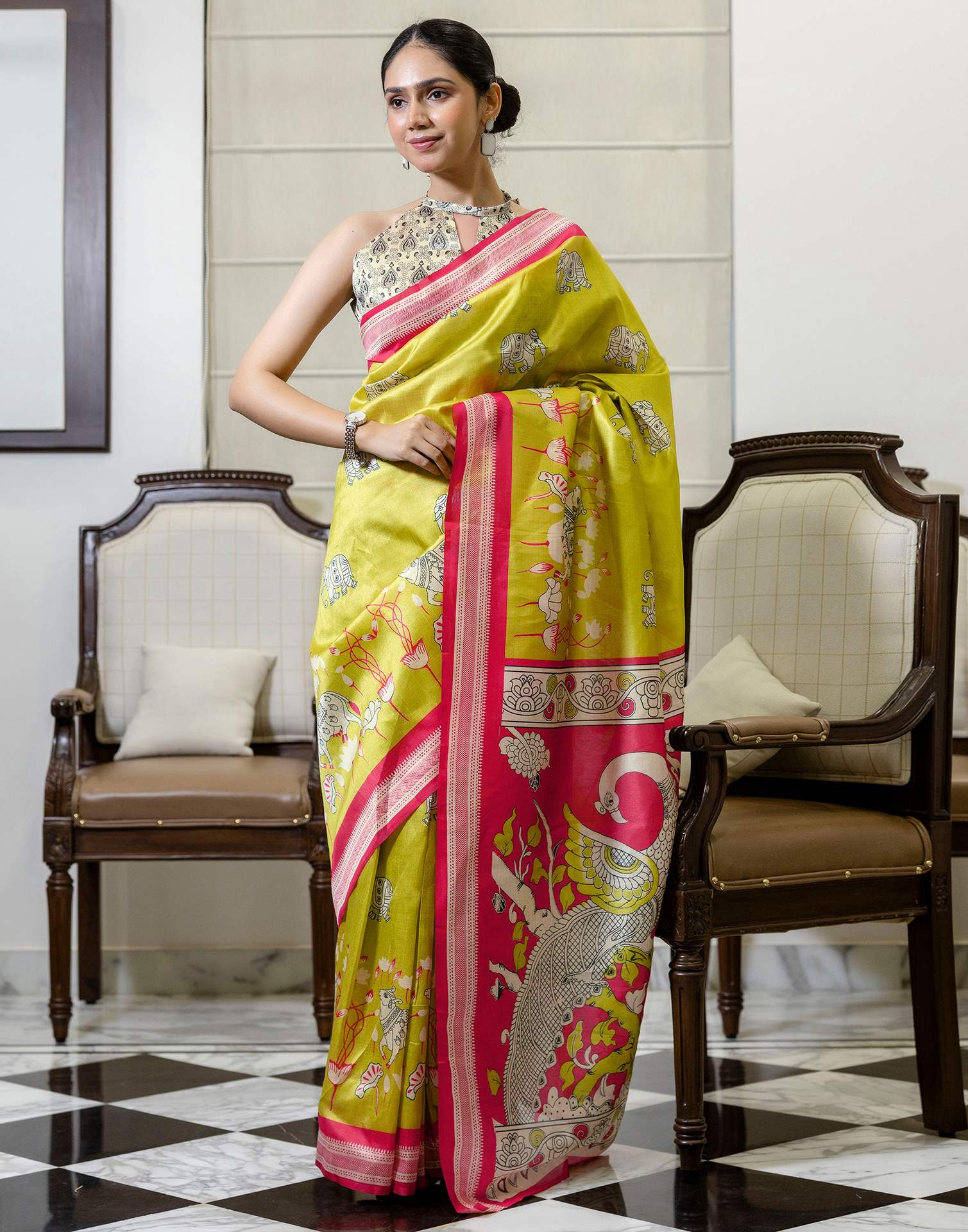 Ready To Wear Lime Green Silk Printed Saree - Image 2