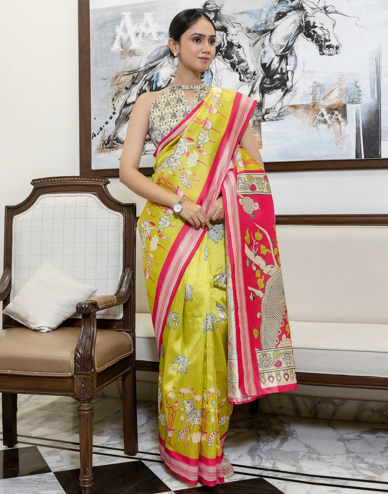 Ready To Wear Lime Green Silk Printed Saree - Image 7