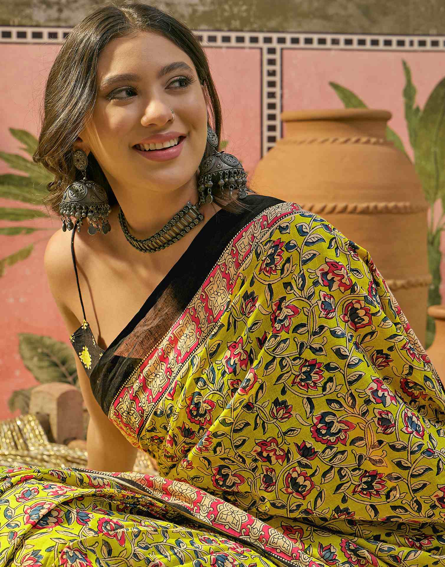 Ready To Wear Lime Yellow Cotton Printed Saree - Image 5
