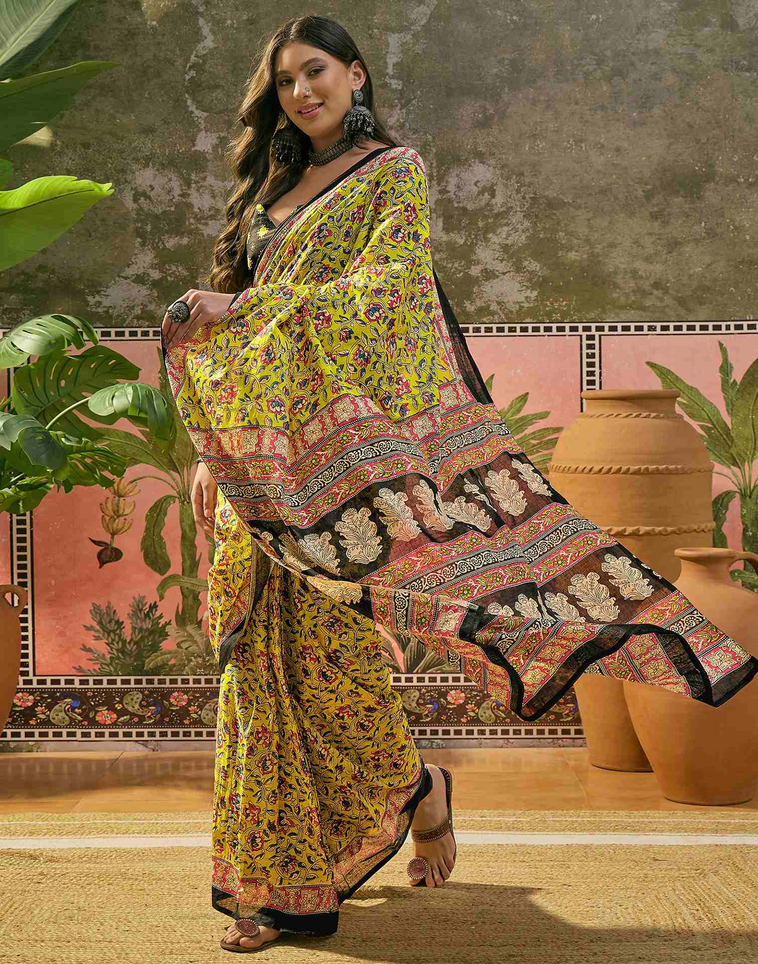Ready To Wear Lime Yellow Cotton Printed Saree - Image 6