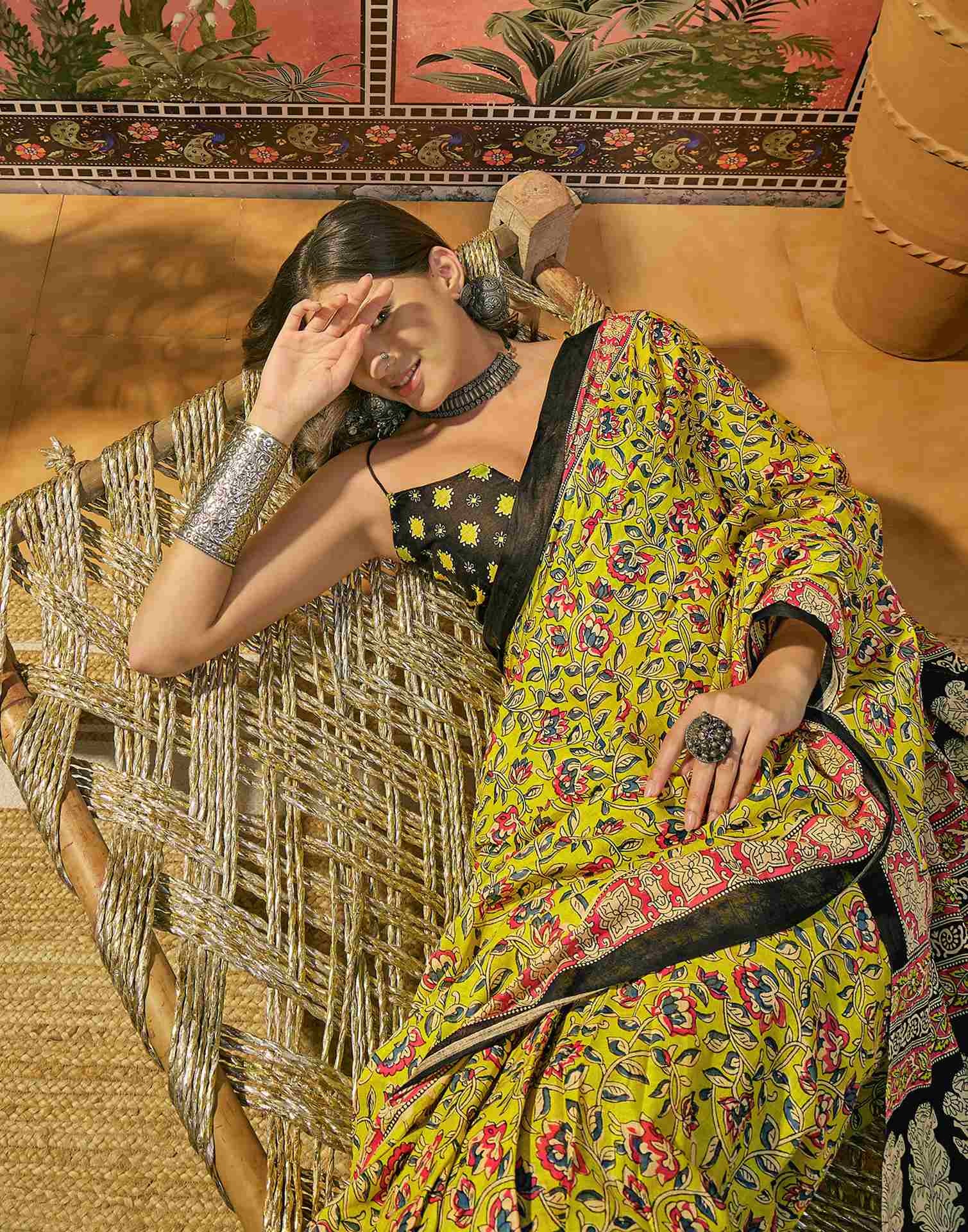 Ready To Wear Lime Yellow Cotton Printed Saree - Image 8