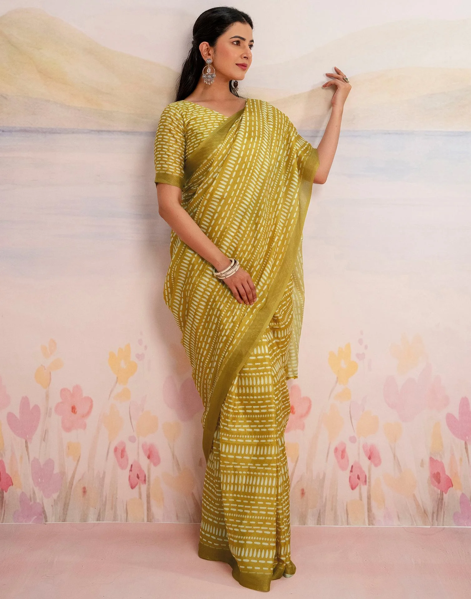 Ready To Wear Lime Yellow Linen Printed Saree - Image 10
