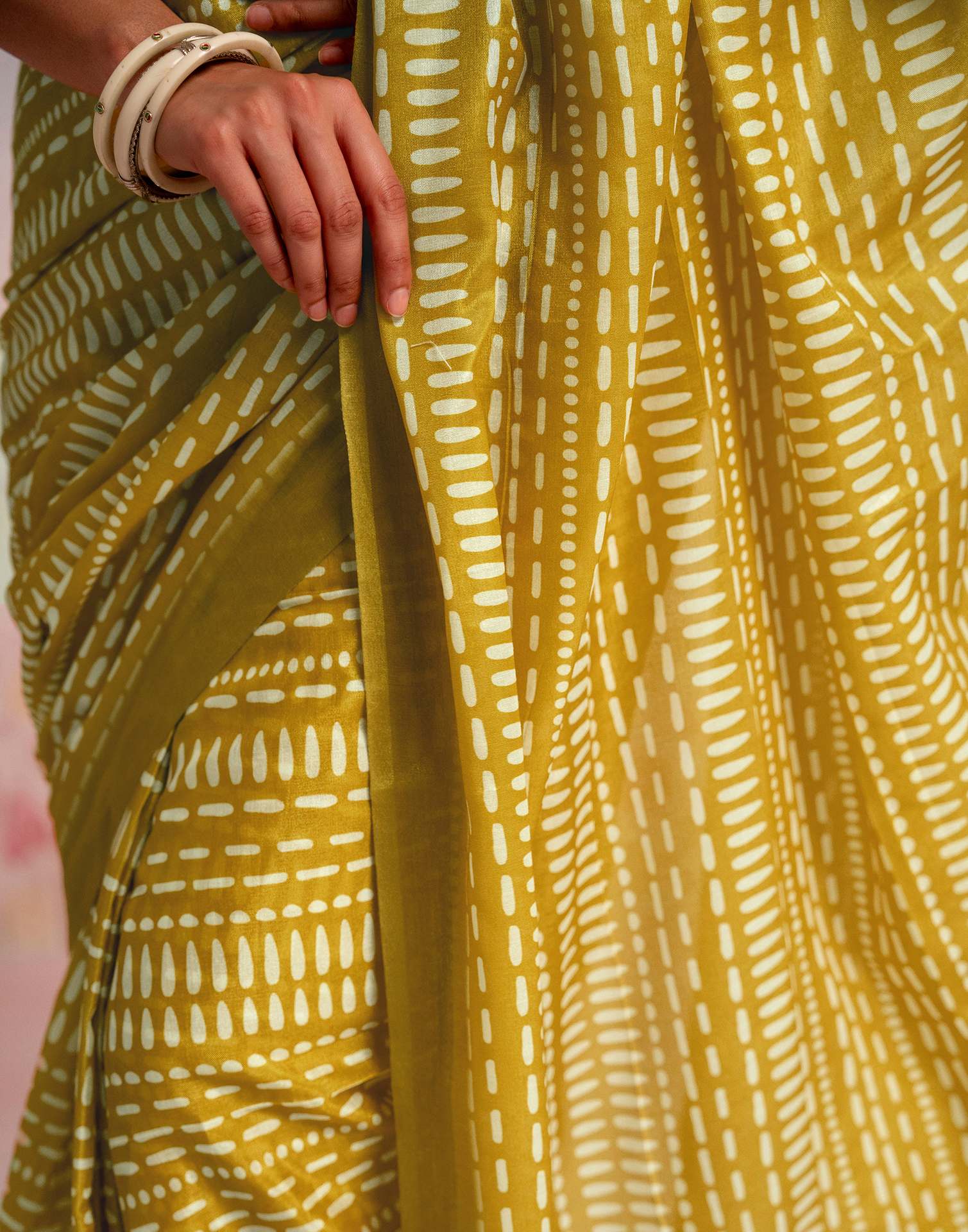 Ready To Wear Lime Yellow Linen Printed Saree - Image 13