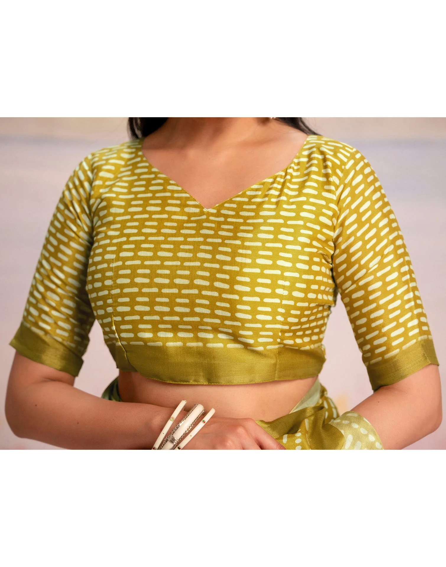 Ready To Wear Lime Yellow Linen Printed Saree - Image 14