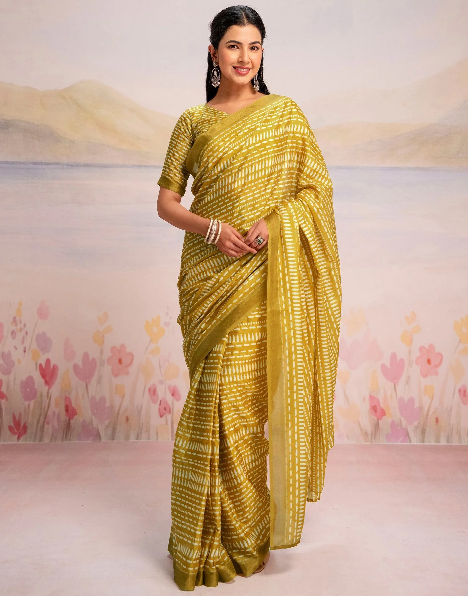 Ready To Wear Lime Yellow Linen Printed Saree - Image 4