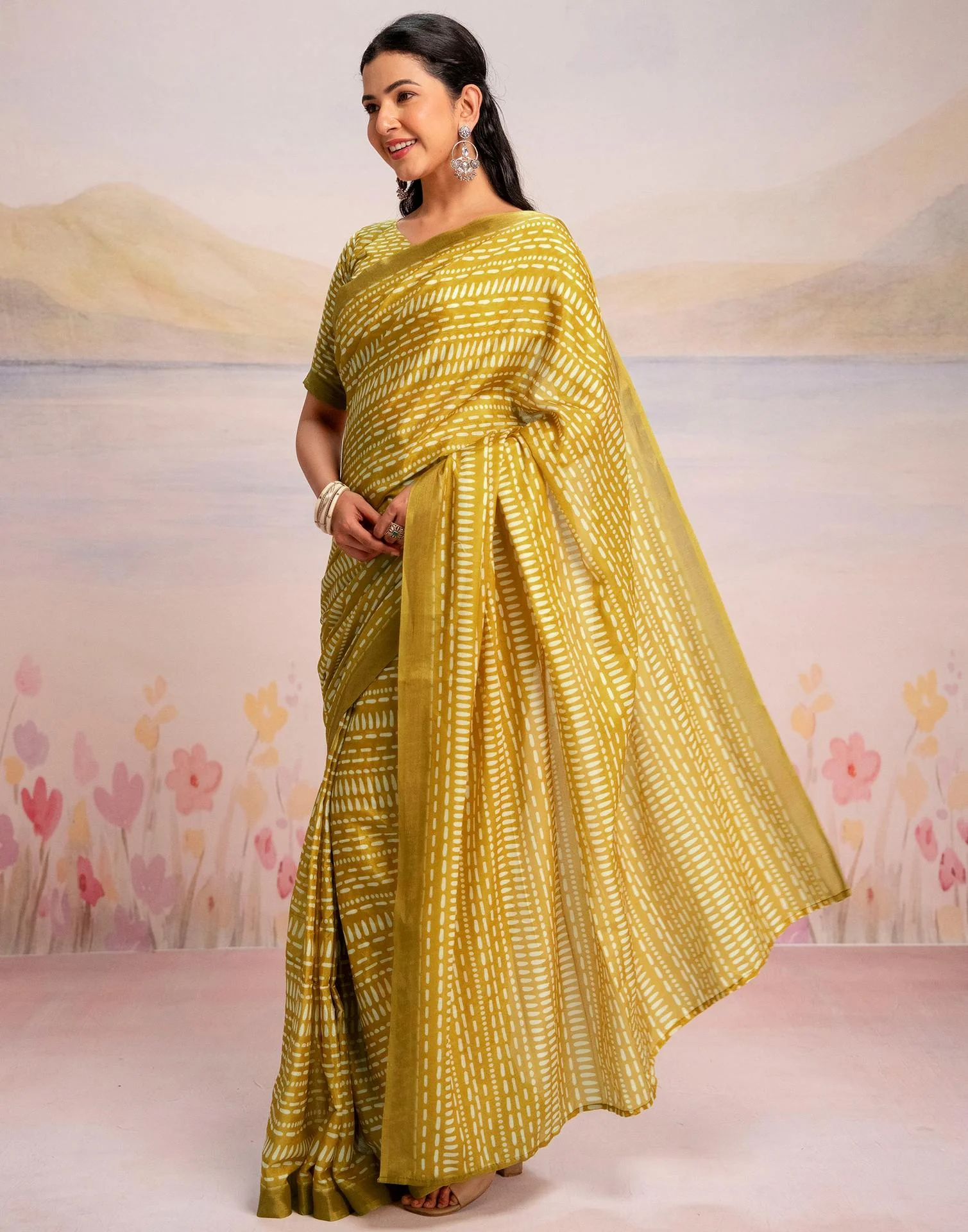 Ready To Wear Lime Yellow Linen Printed Saree - Image 5