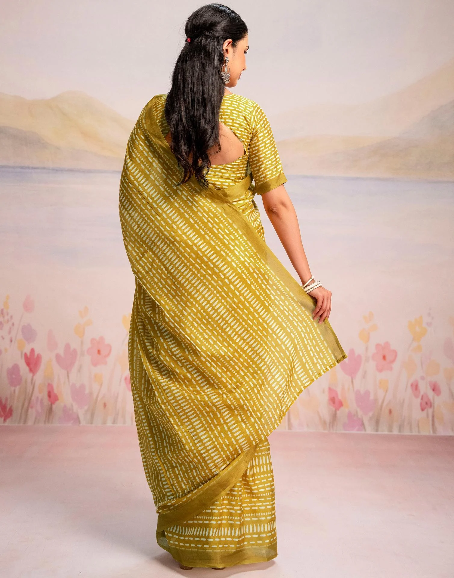 Ready To Wear Lime Yellow Linen Printed Saree - Image 7
